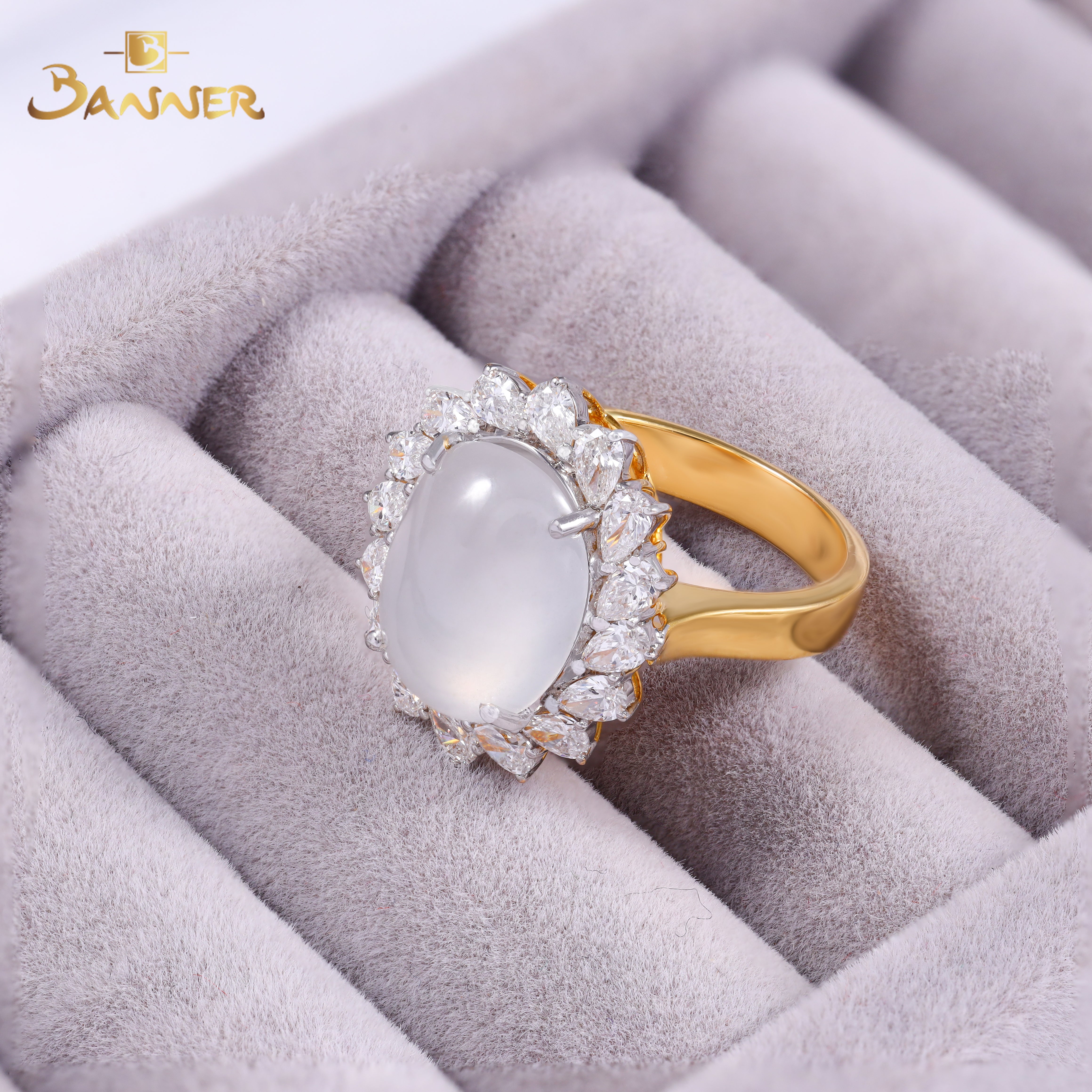 White Jade and Diamond Halo Ring
