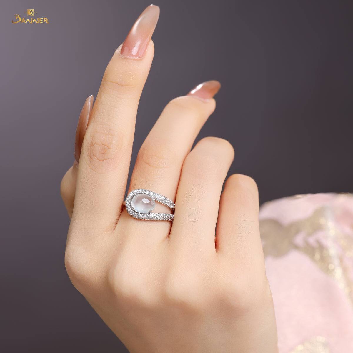 White Jade and Diamond Ring