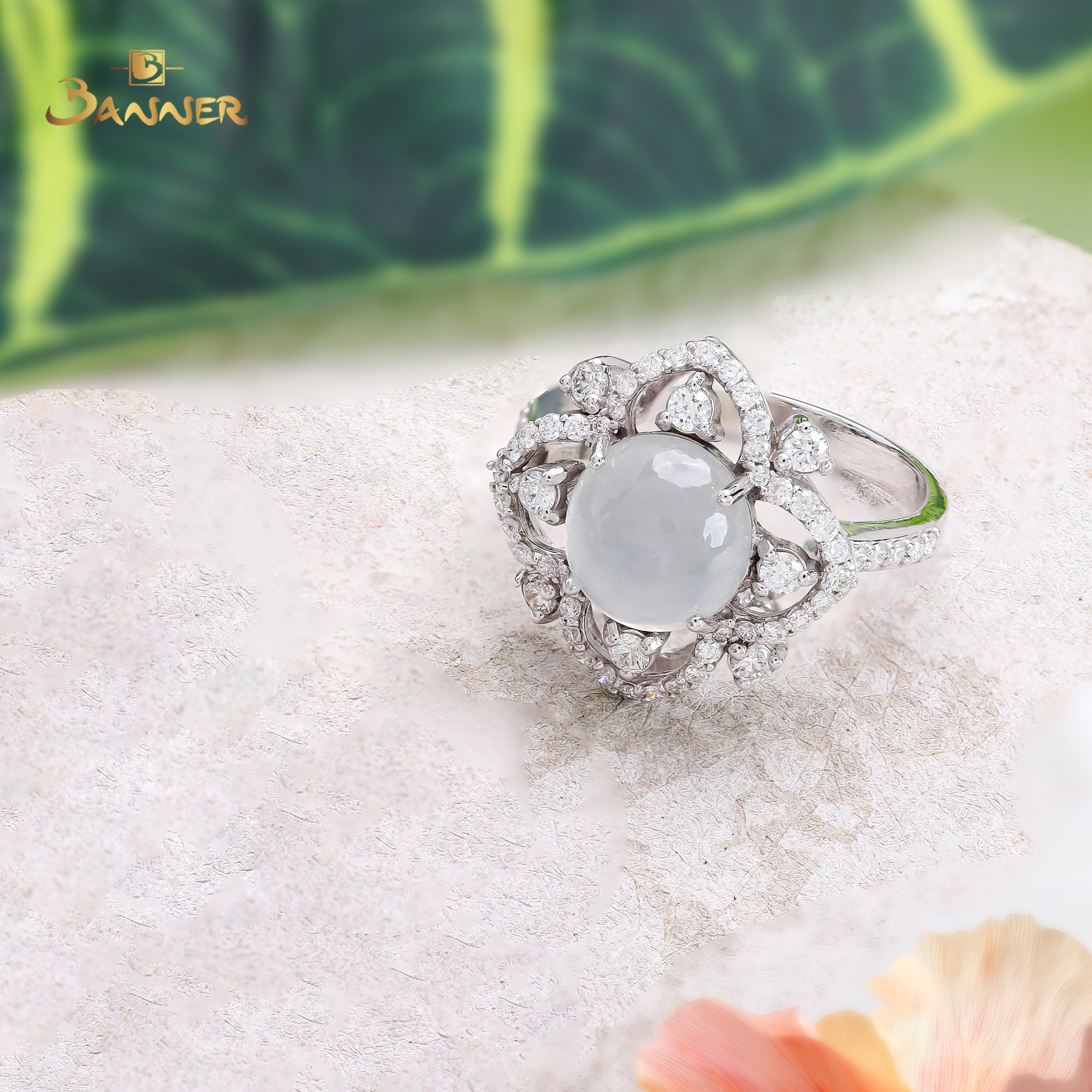 White Jade and Diamond Lotus Ring