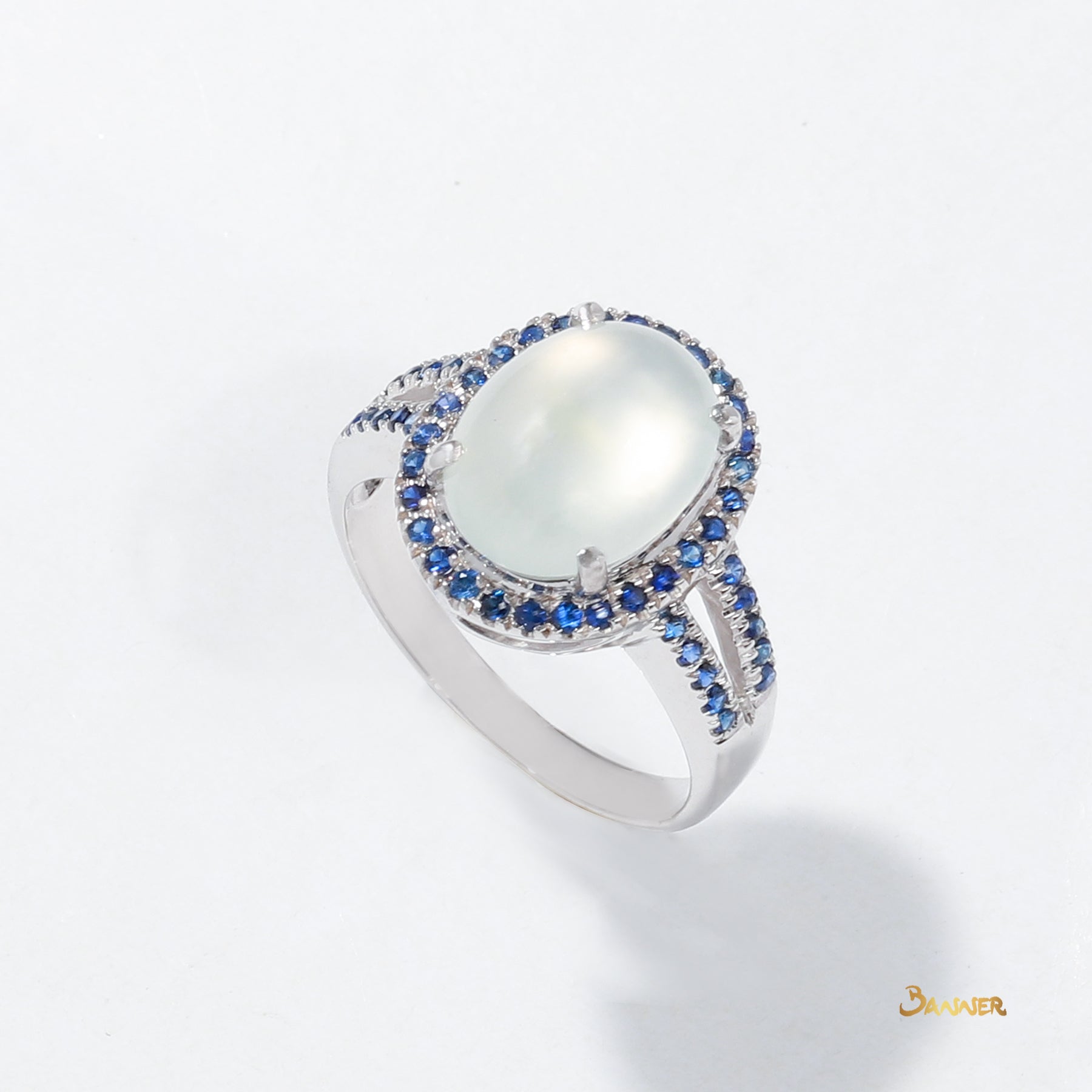 White Jade and Sapphire Halo Ring