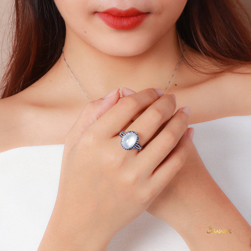 White Jade and Sapphire Halo Ring