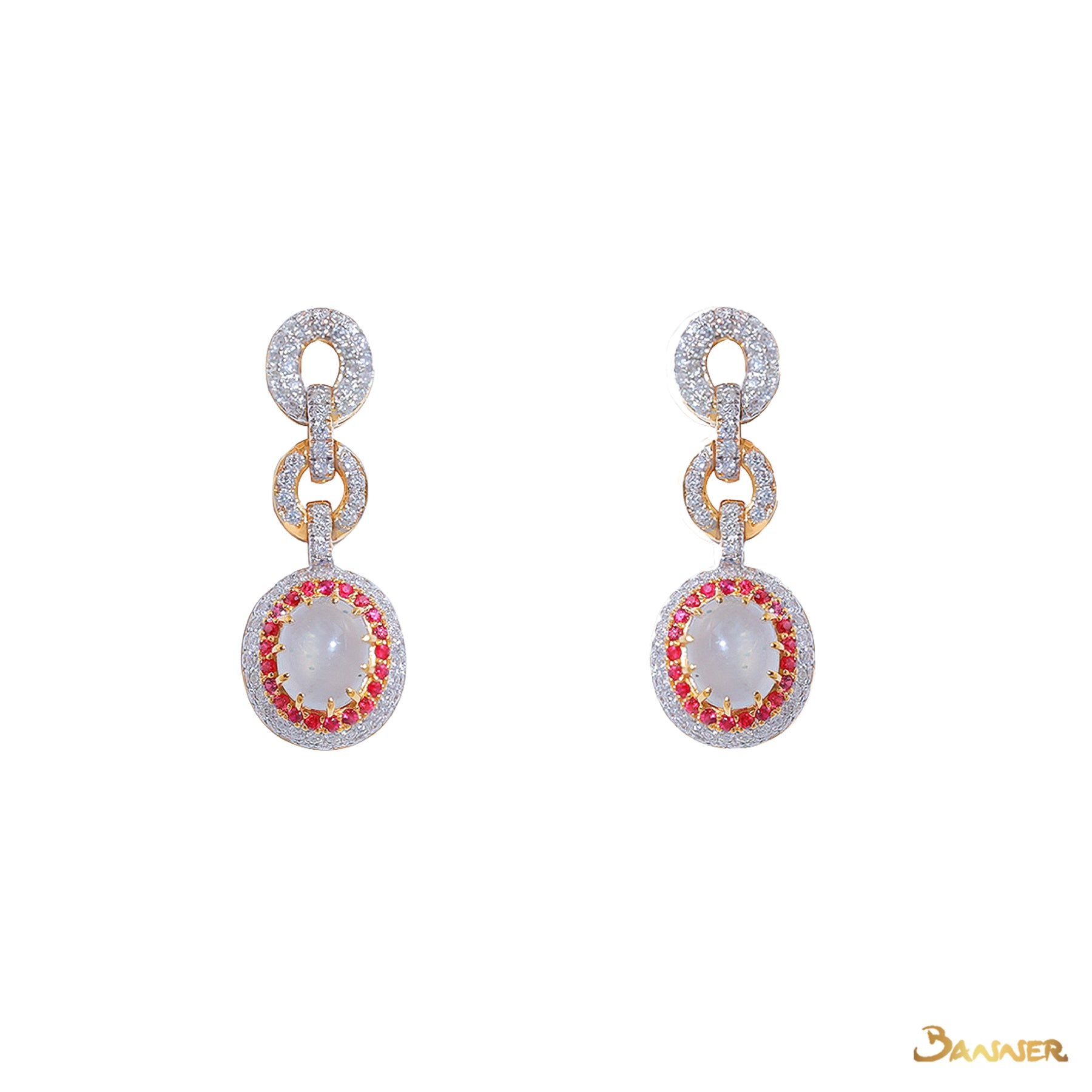 White Jade , Ruby and Diamond Dangle Halo Earrings