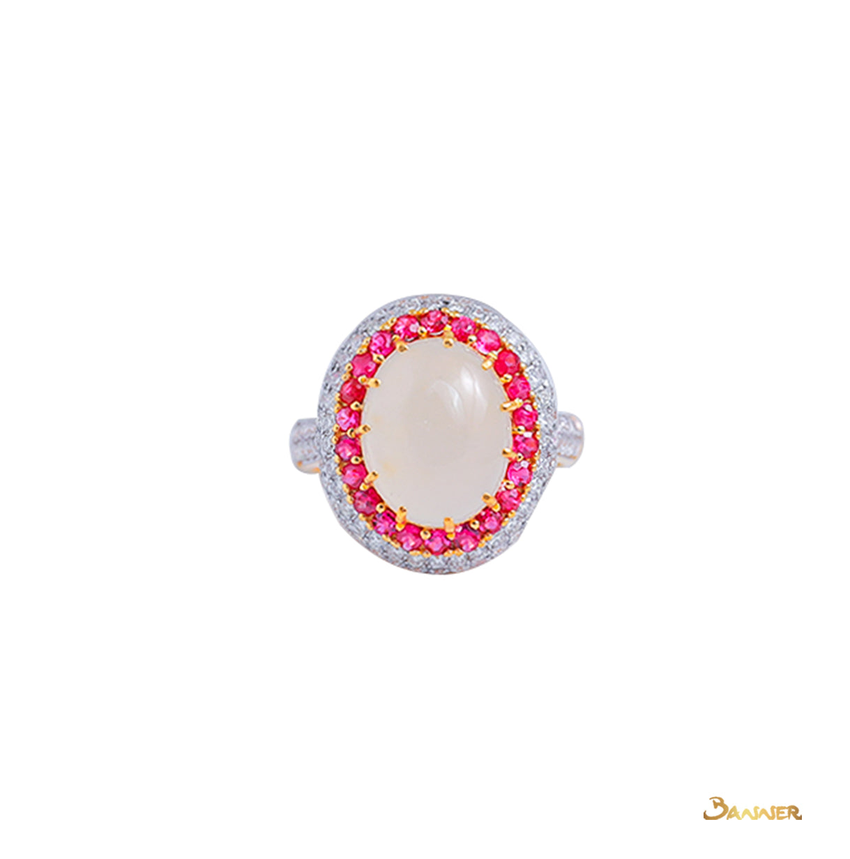 White Jade , Ruby and Diamond  Halo Ring