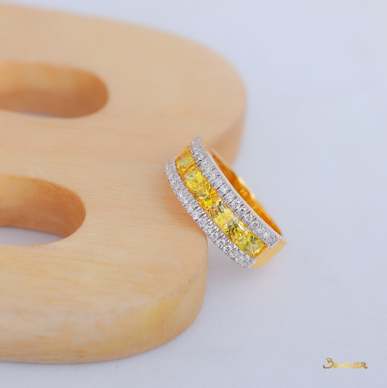 Emerald cut Yellow Sapphire and Diamond Tier Ring