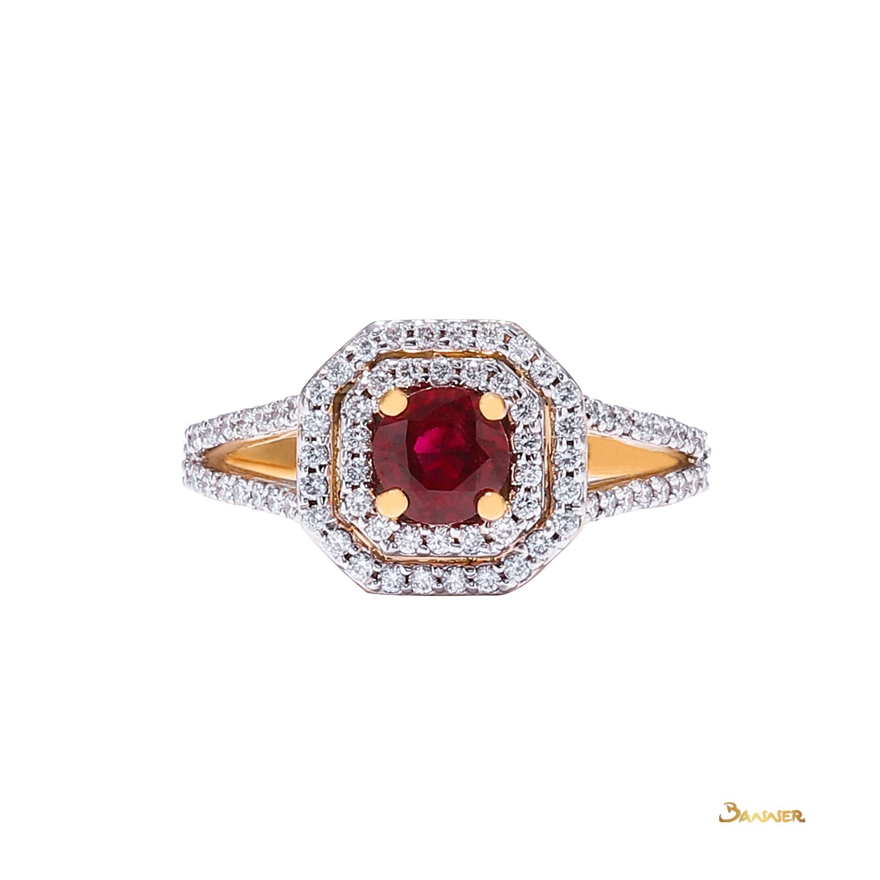 Ruby and Diamond Double Halo Ring