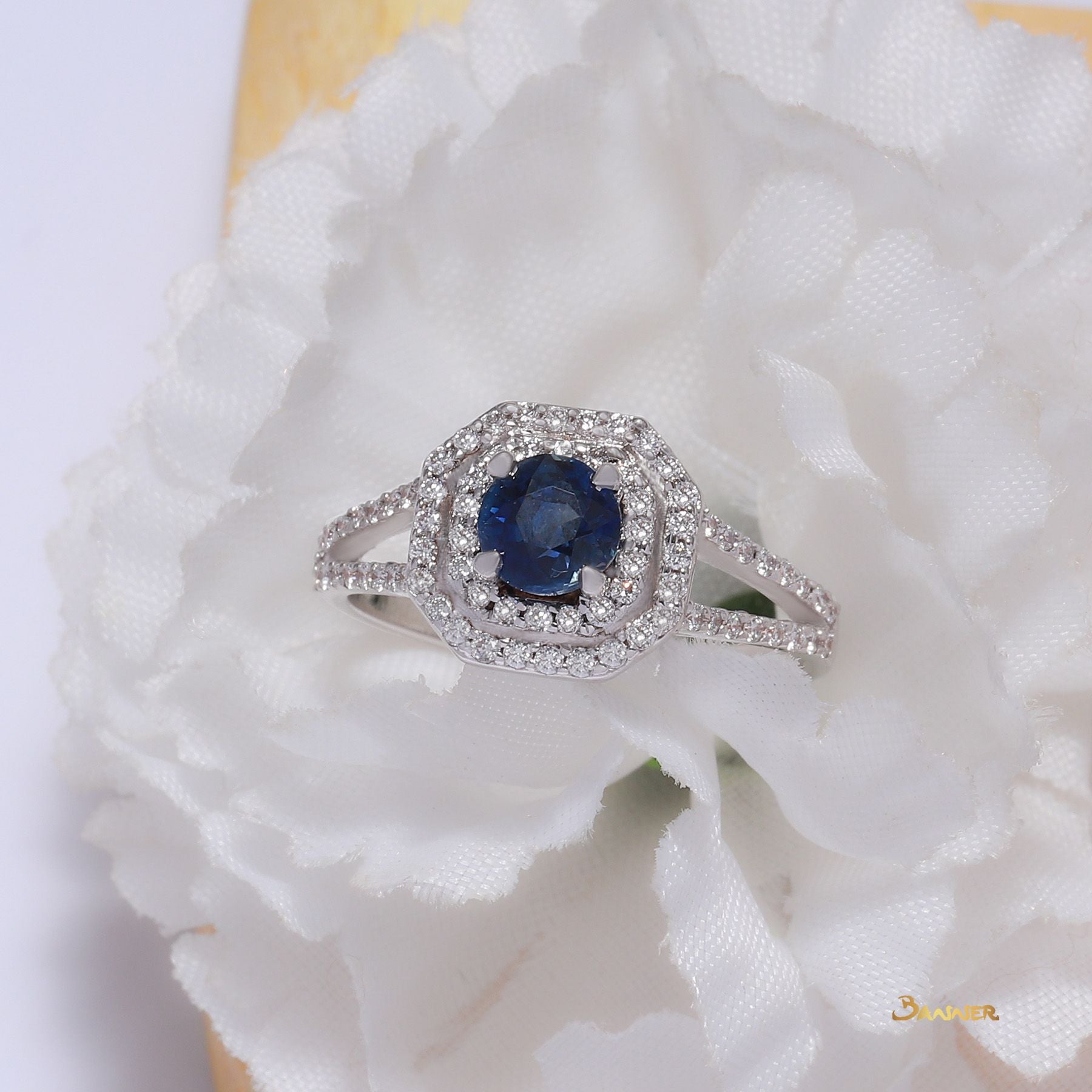 Sapphire and Diamond Double Halo Ring