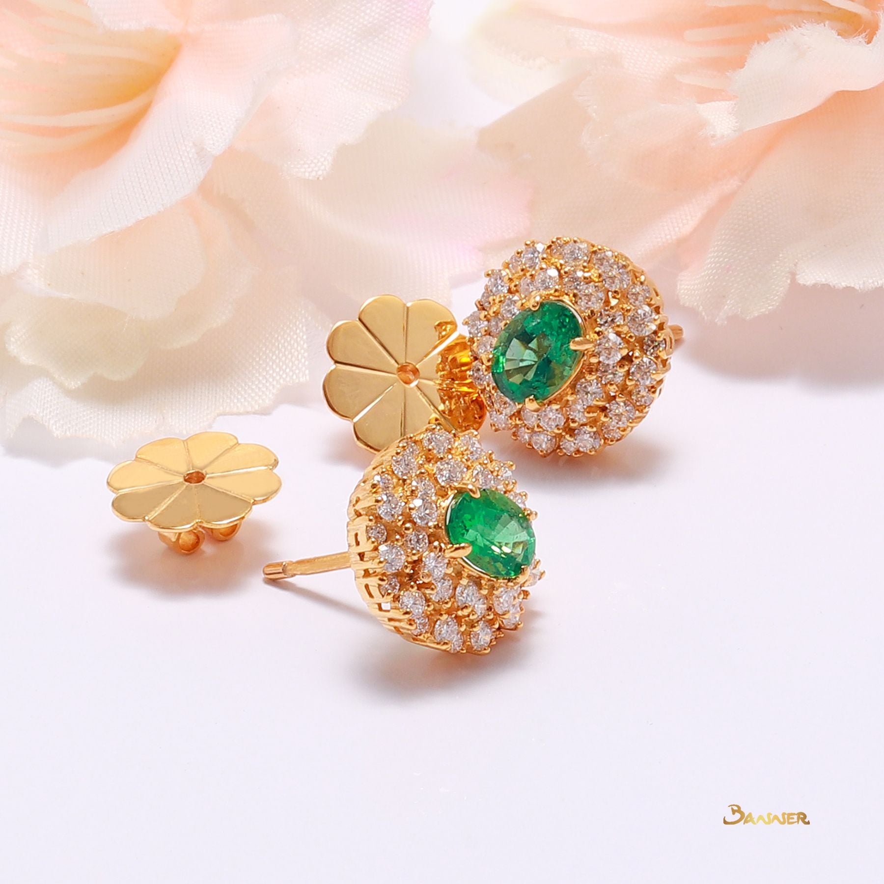 Emerald and Diamond Double Halo Earrings