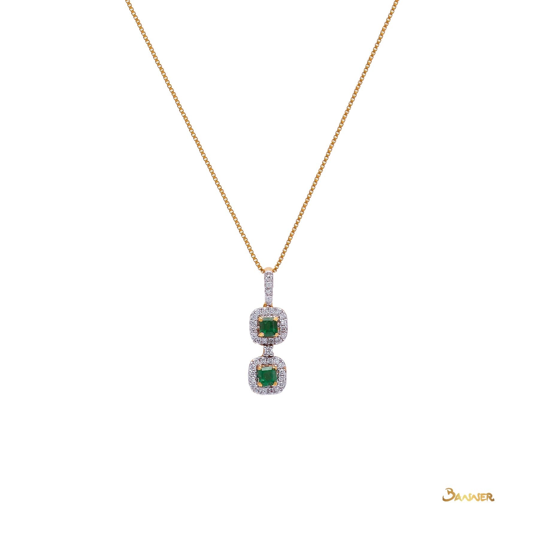 Emerald and Diamond  2-Step Halo Pendant