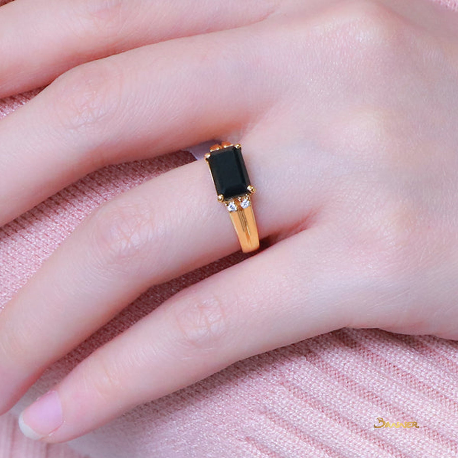 Emerald-cut Black Jade and Diamond Ring