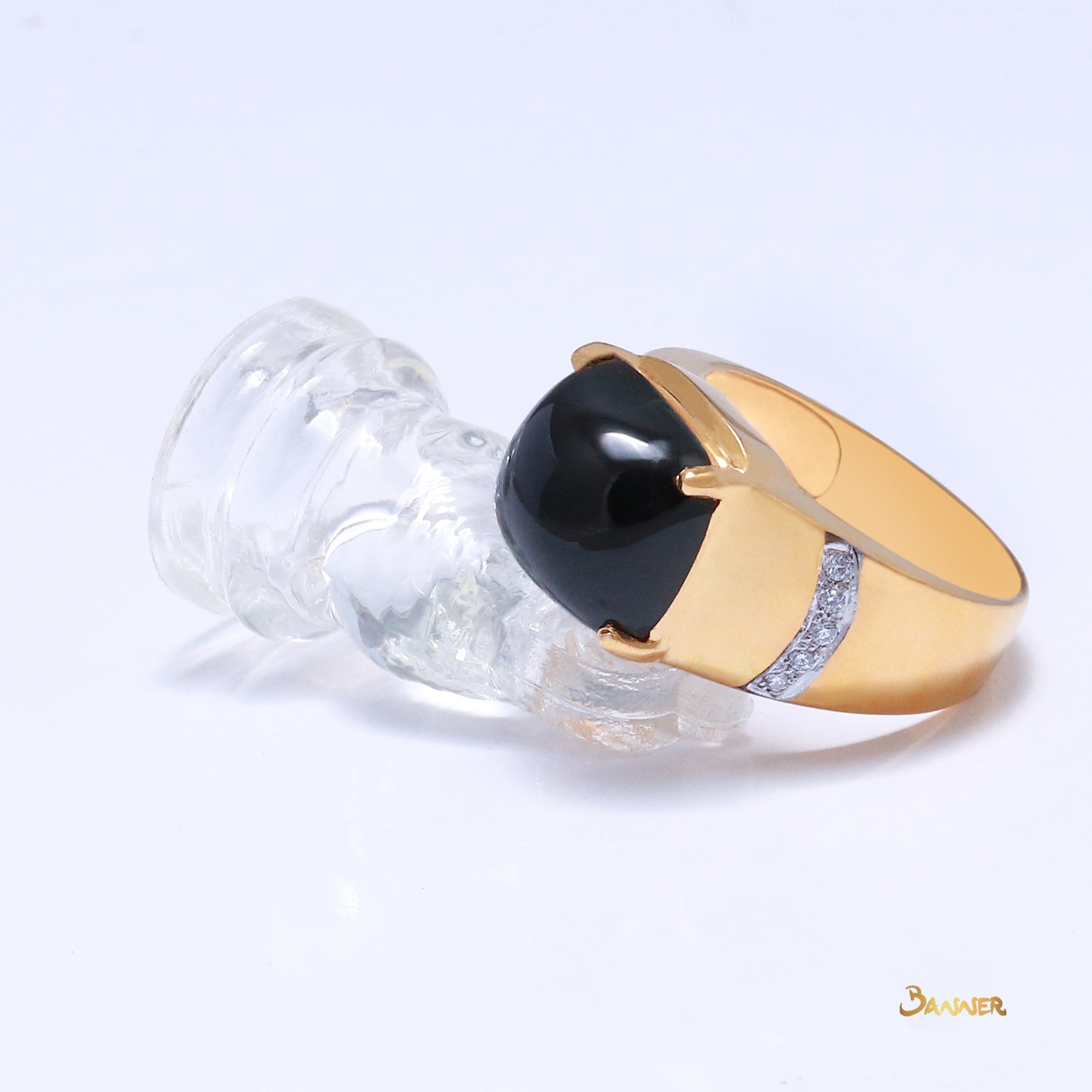 Black Jade Cabochon and Diamond Men's Ring