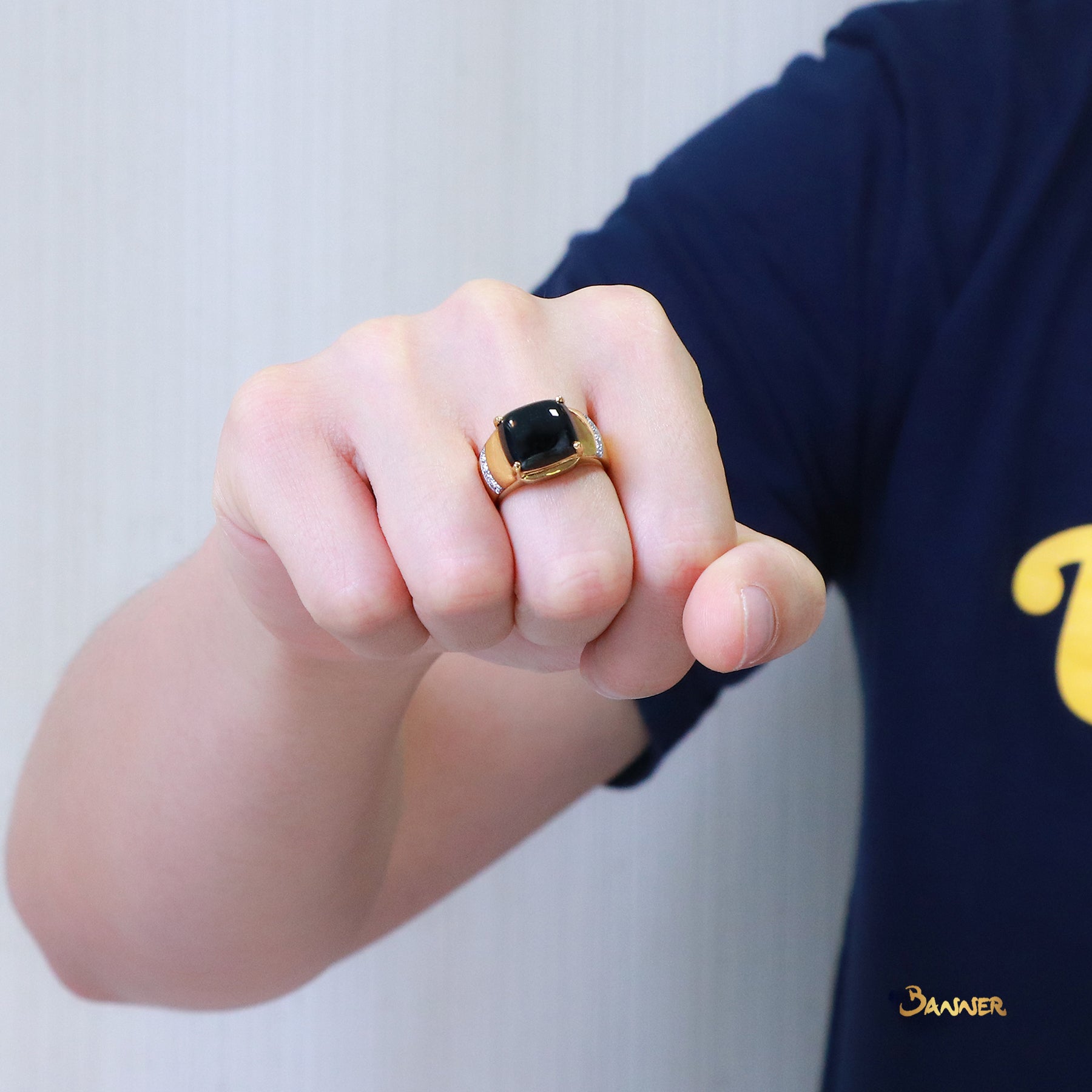 Black Jade Cabochon and Diamond Men's Ring