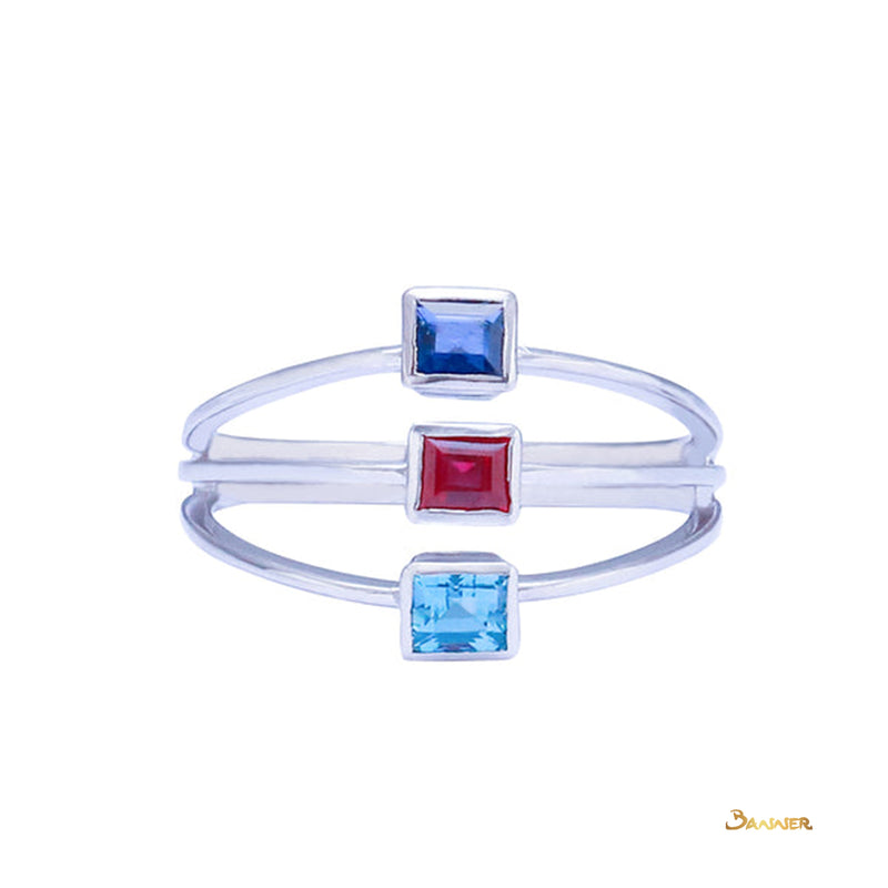 Emerald-cut Blue Topaz, Sapphire and Ruby Ring