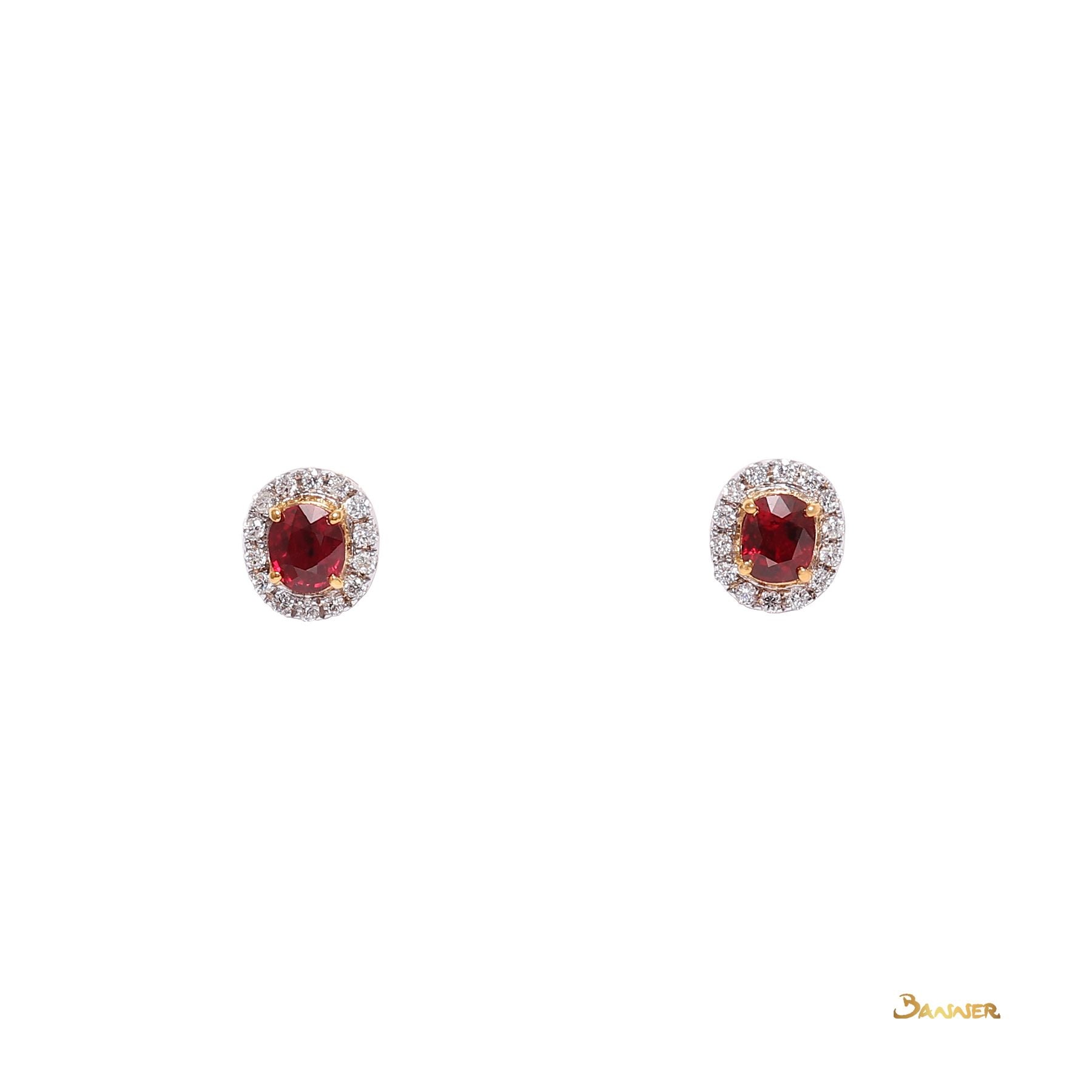 Natural Mingshue Ruby and Diamond Halo Earrings