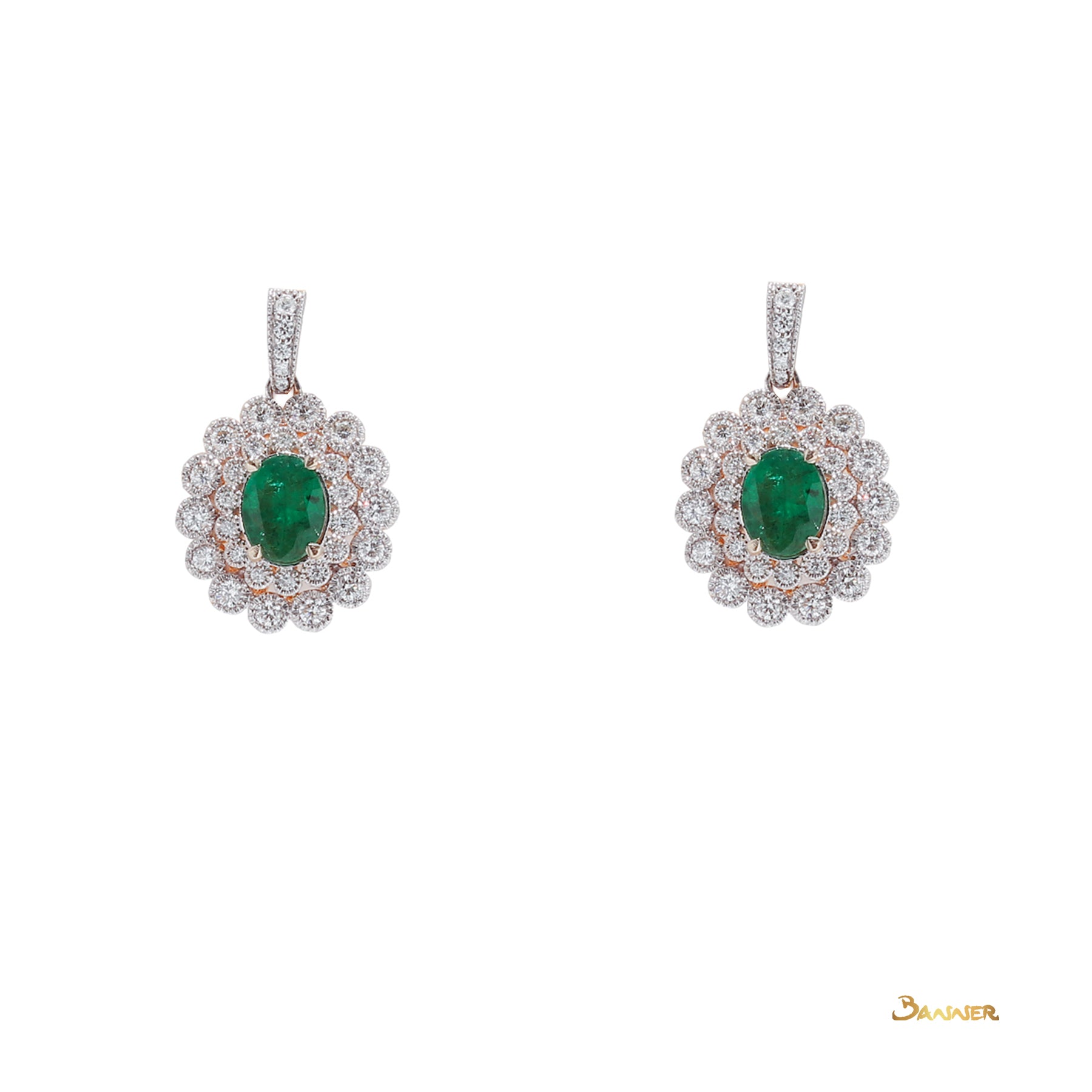 Emerald and Diamond Vintage Design Double Halo Earrings