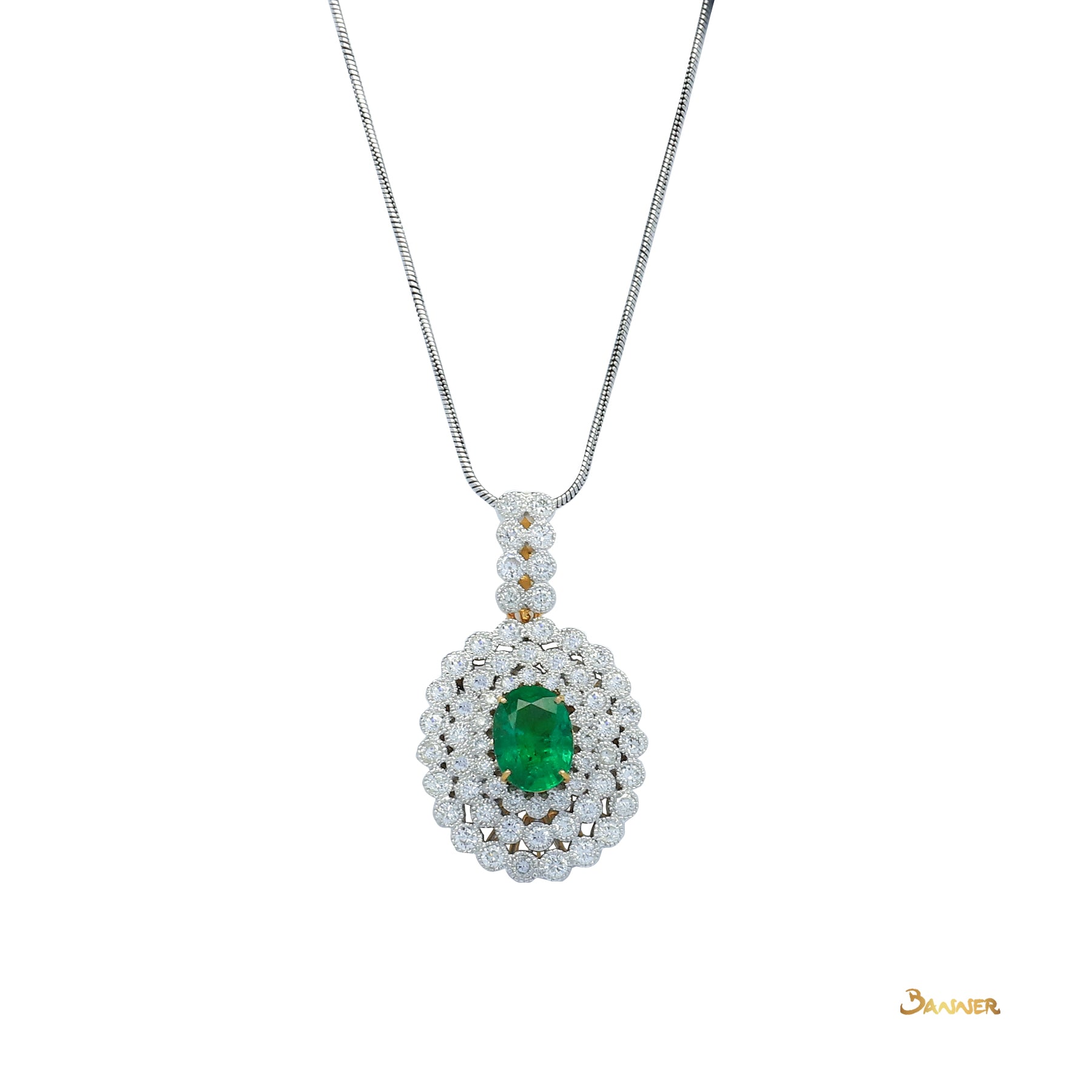 Emerald and Diamond Vintage Design Triple Halo Pendant