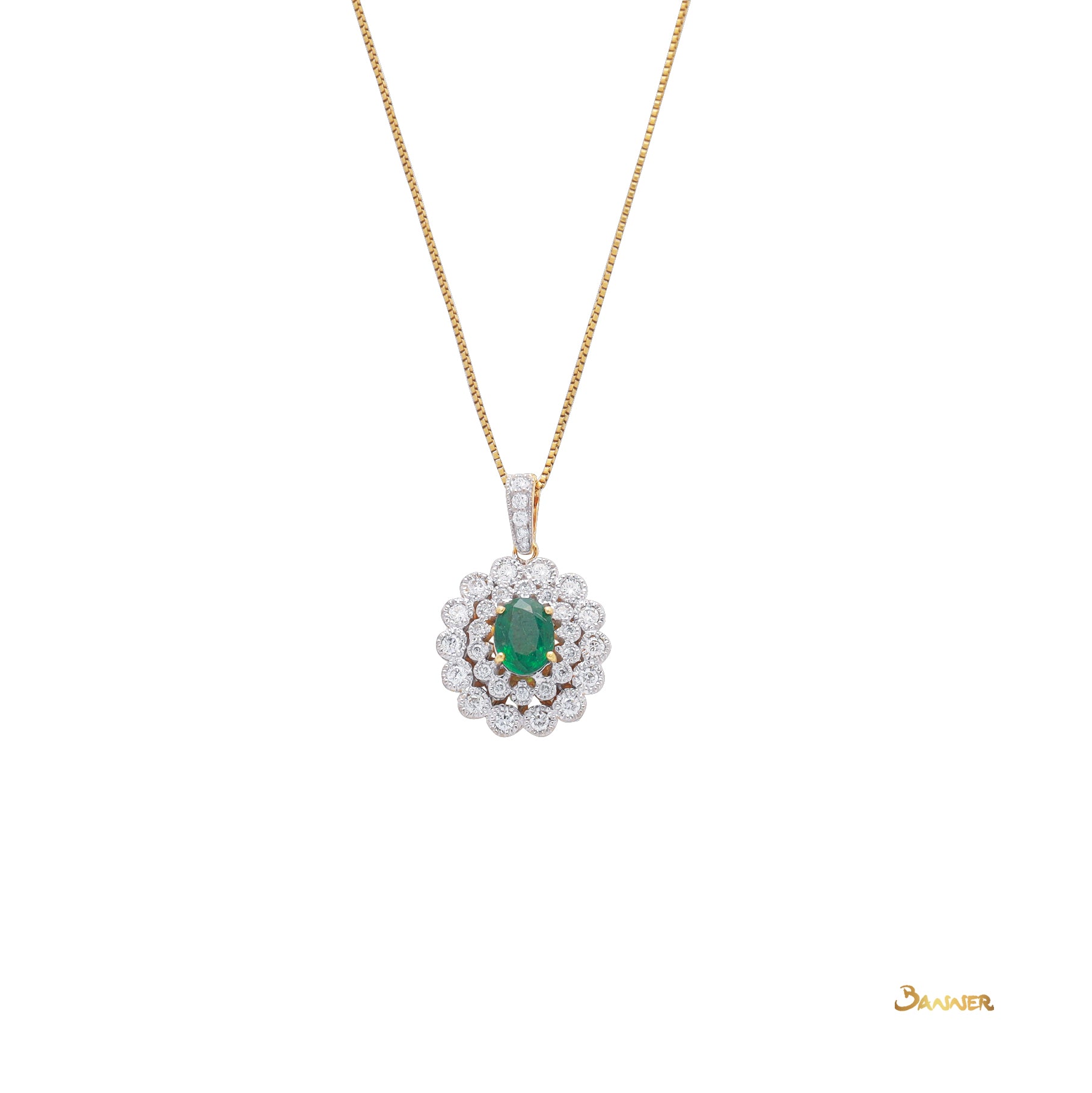 Emerald and Diamond Vintage Design Double Halo Pendant