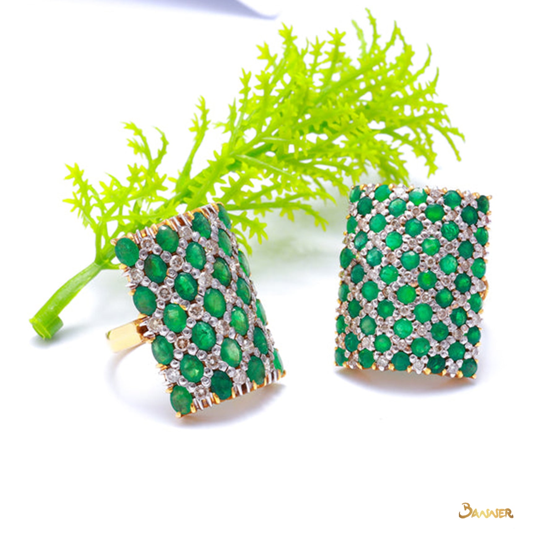 Emerald and Diamond Checkered Ring