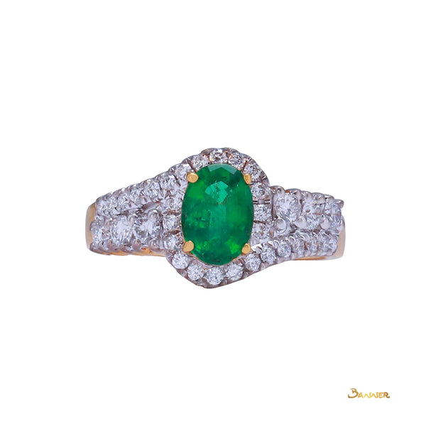 Emerald and Diamond Bypass Halo Ring
