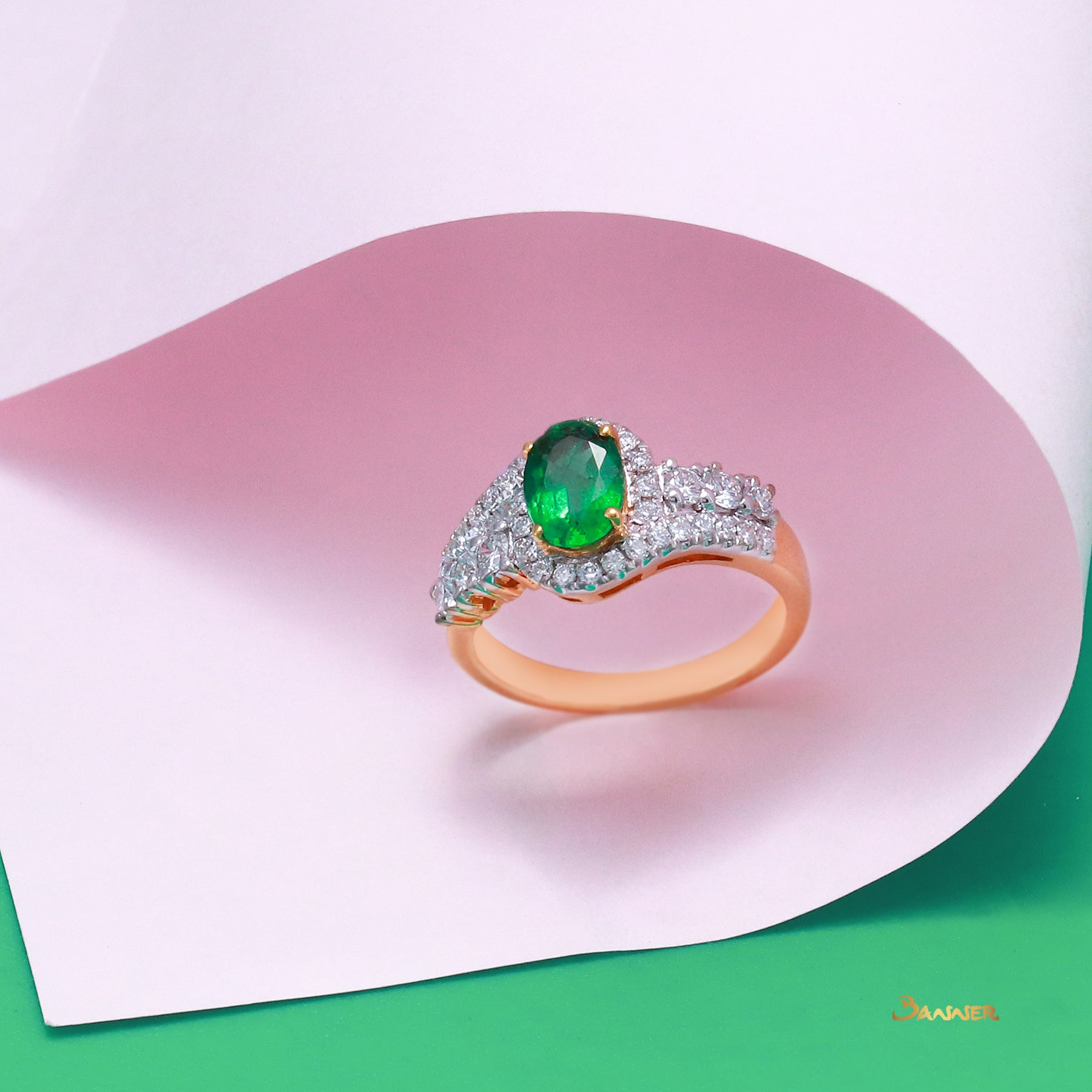 Emerald and Diamond Bypass Halo Ring