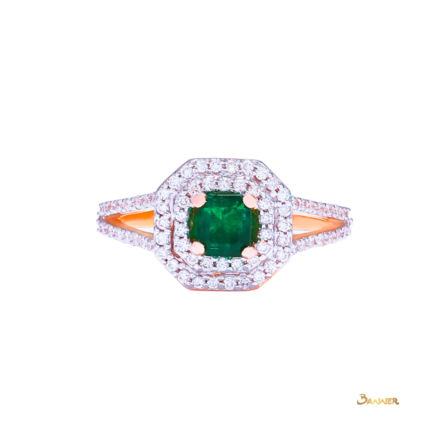 Emerald and Diamond Double Halo Ring