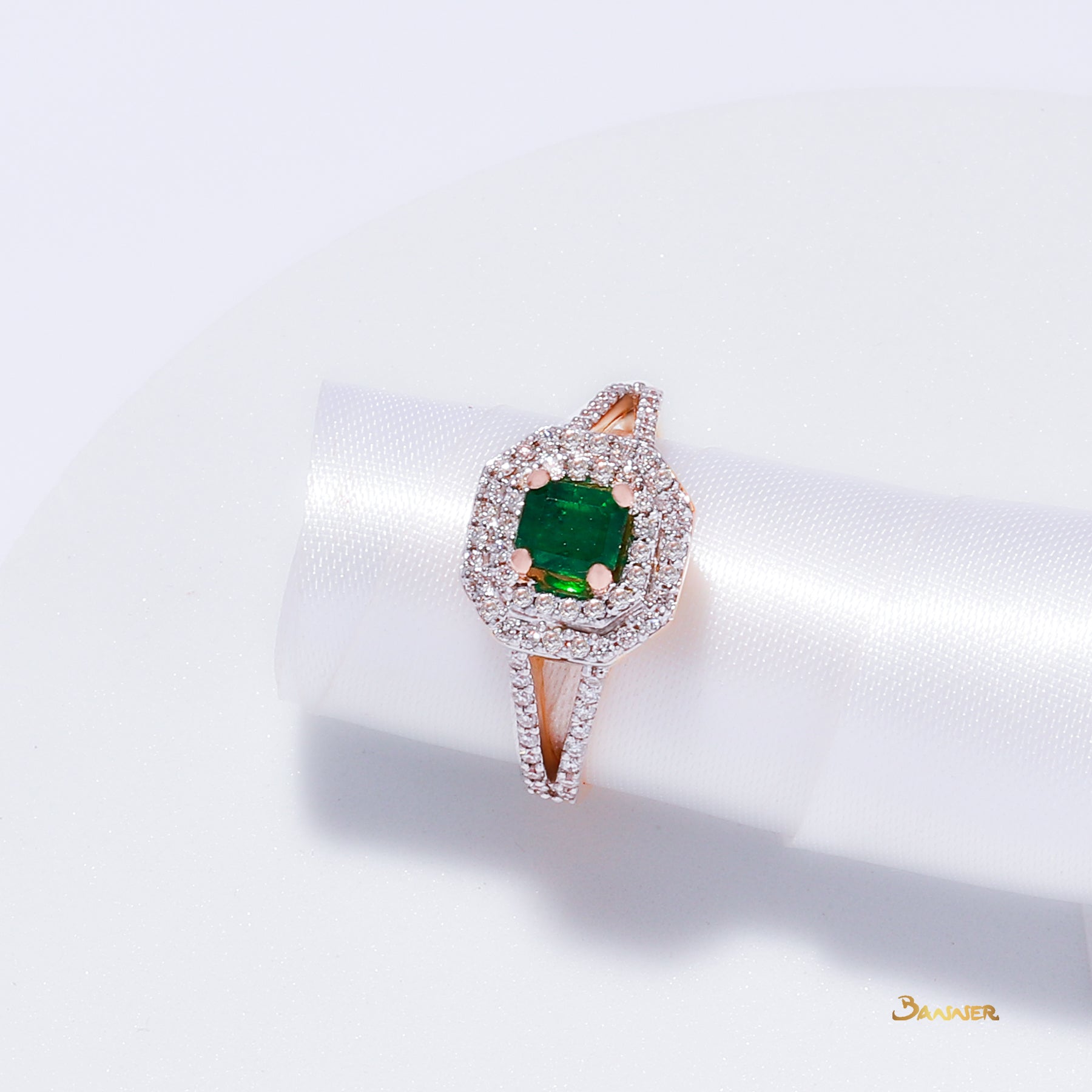 Emerald and Diamond Double Halo Ring