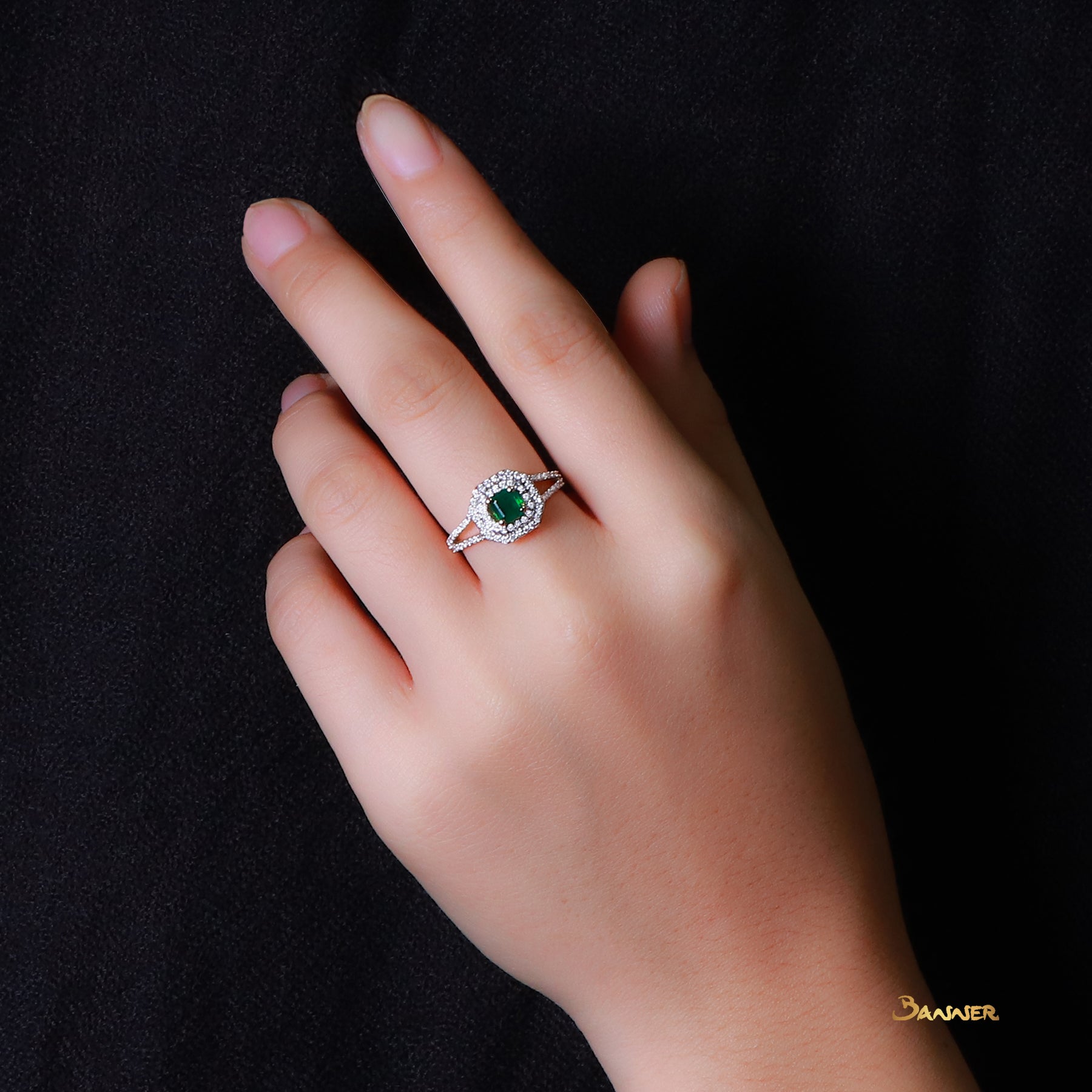 Emerald and Diamond Double Halo Ring