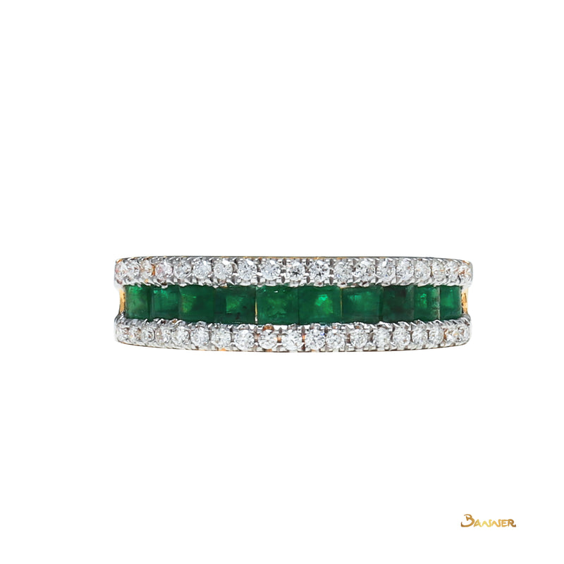 Emerald  and Diamond 2-Rows Ring