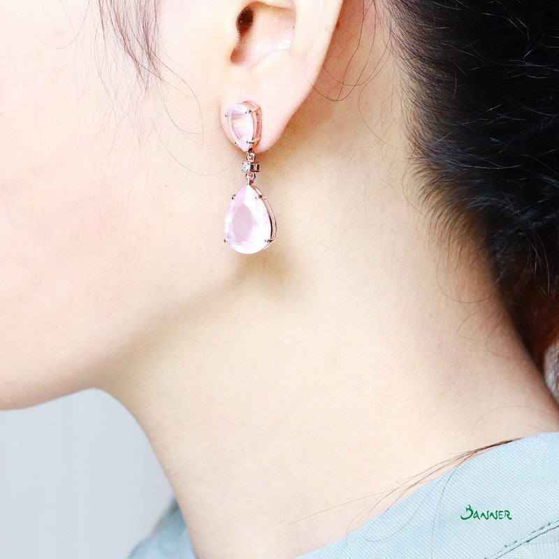Rose Quartz and Diamond Rain-drop Earrings