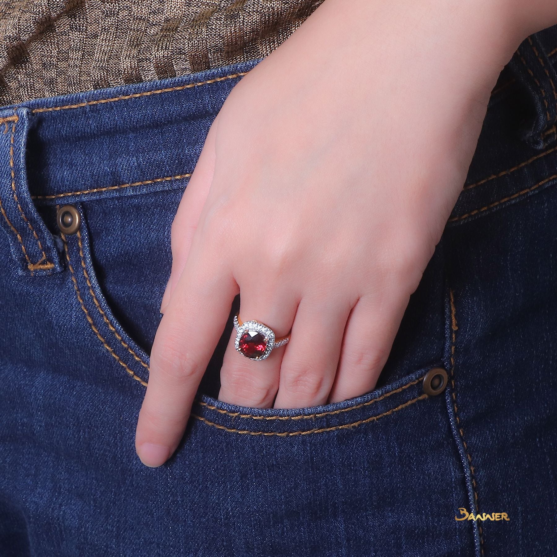 Garnet and Diamond Halo Ring