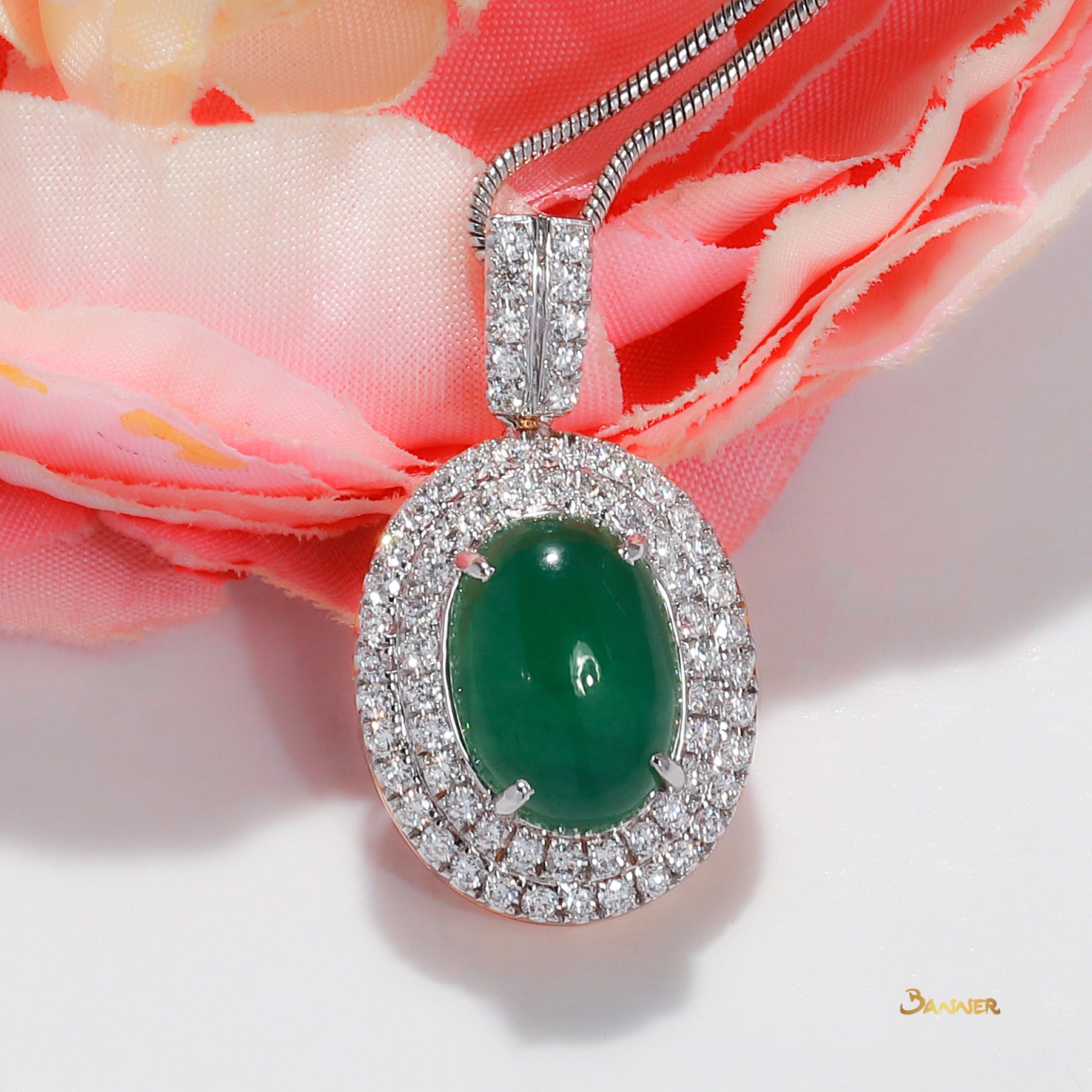 Green Jade and Diamond Double Halo Pendant