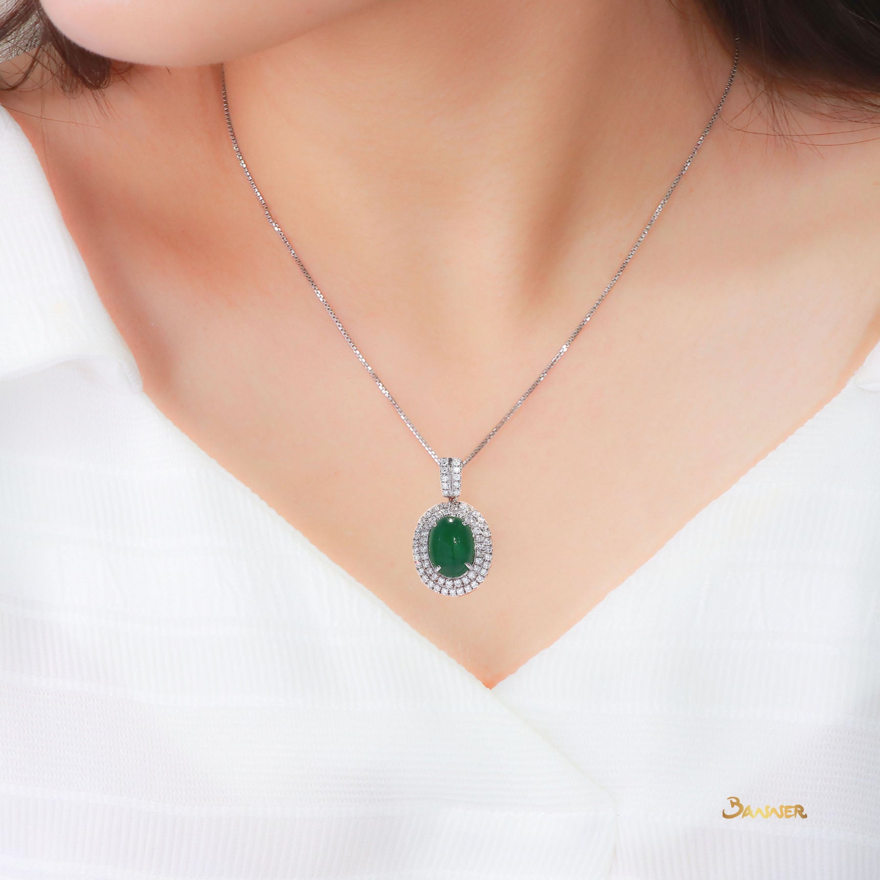 Green Jade and Diamond Double Halo Pendant