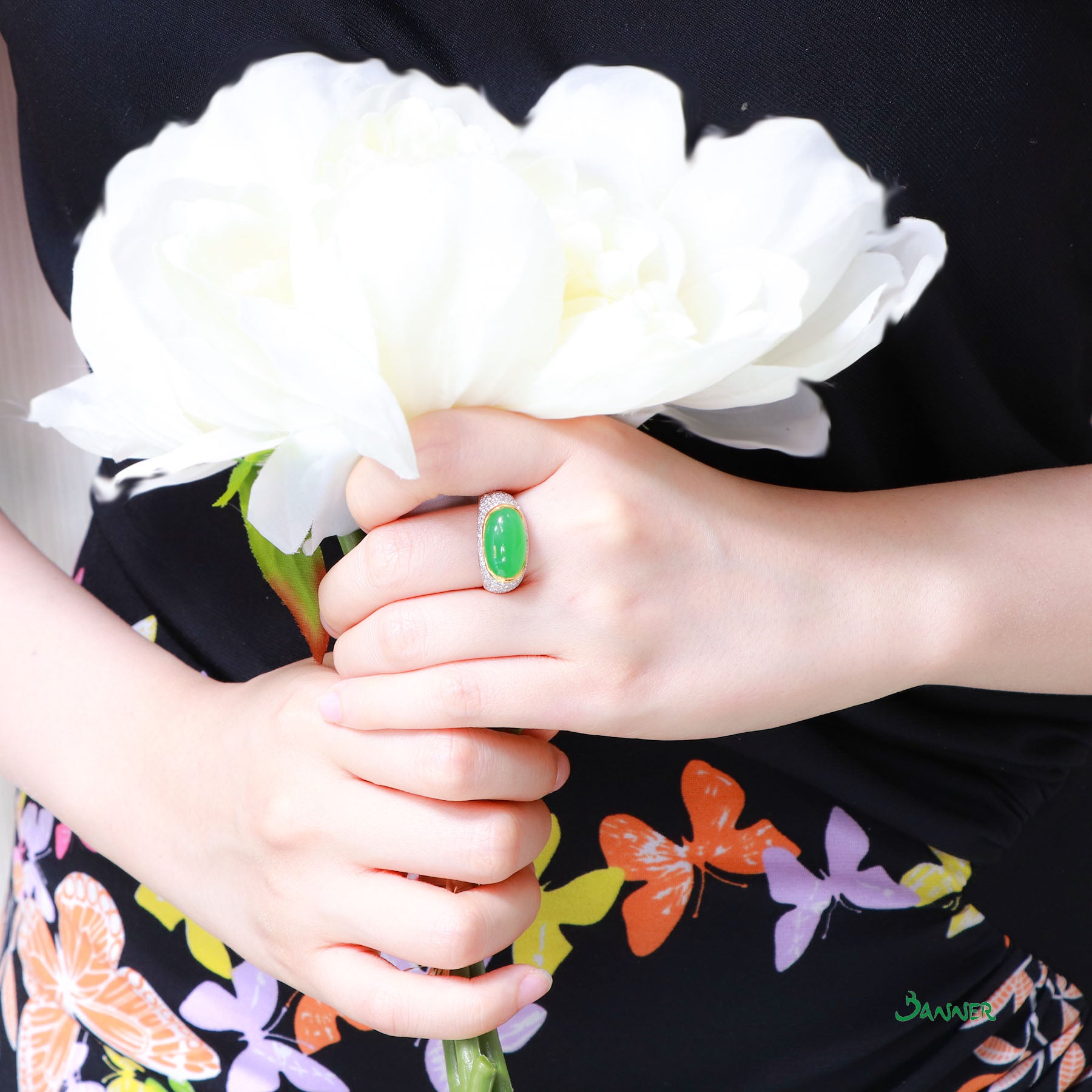 Jade Cabochon and Diamond Ring