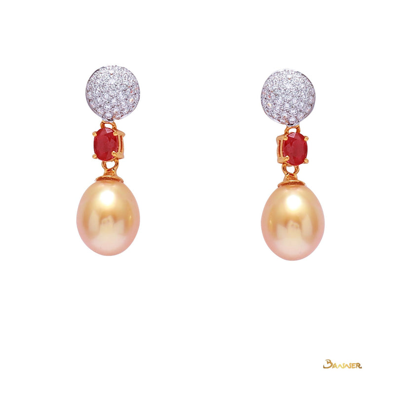 South Sea Pearl, Ruby and Diamond Dangling Earrings