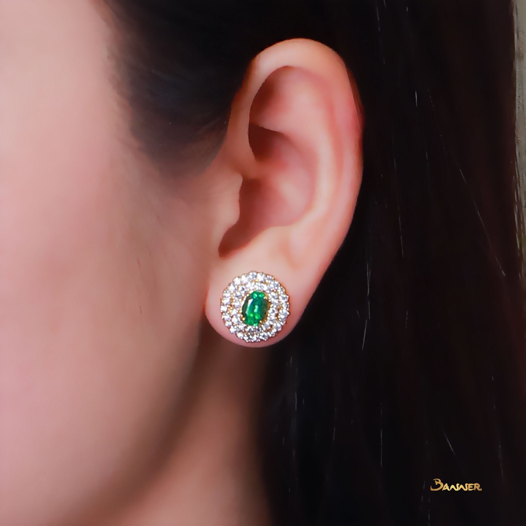 Emerald and Diamond Double Halo Earrings