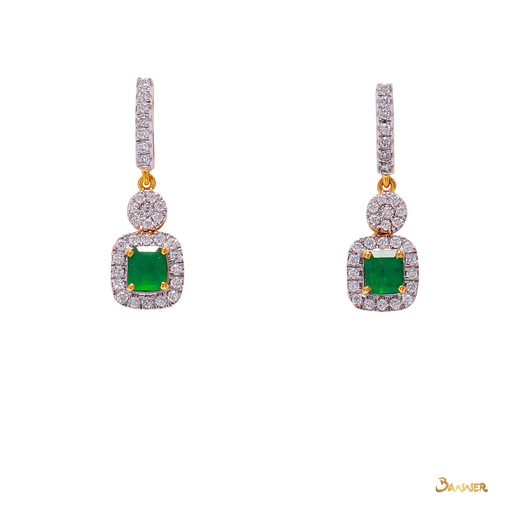 Emerald Emerald Cut and Diamond Halo Dangle Earrings