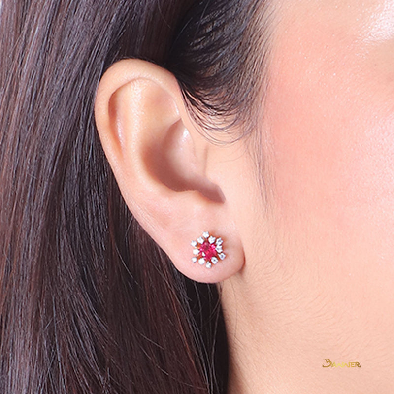 Ruby and Diamond Rose Stud Earrings