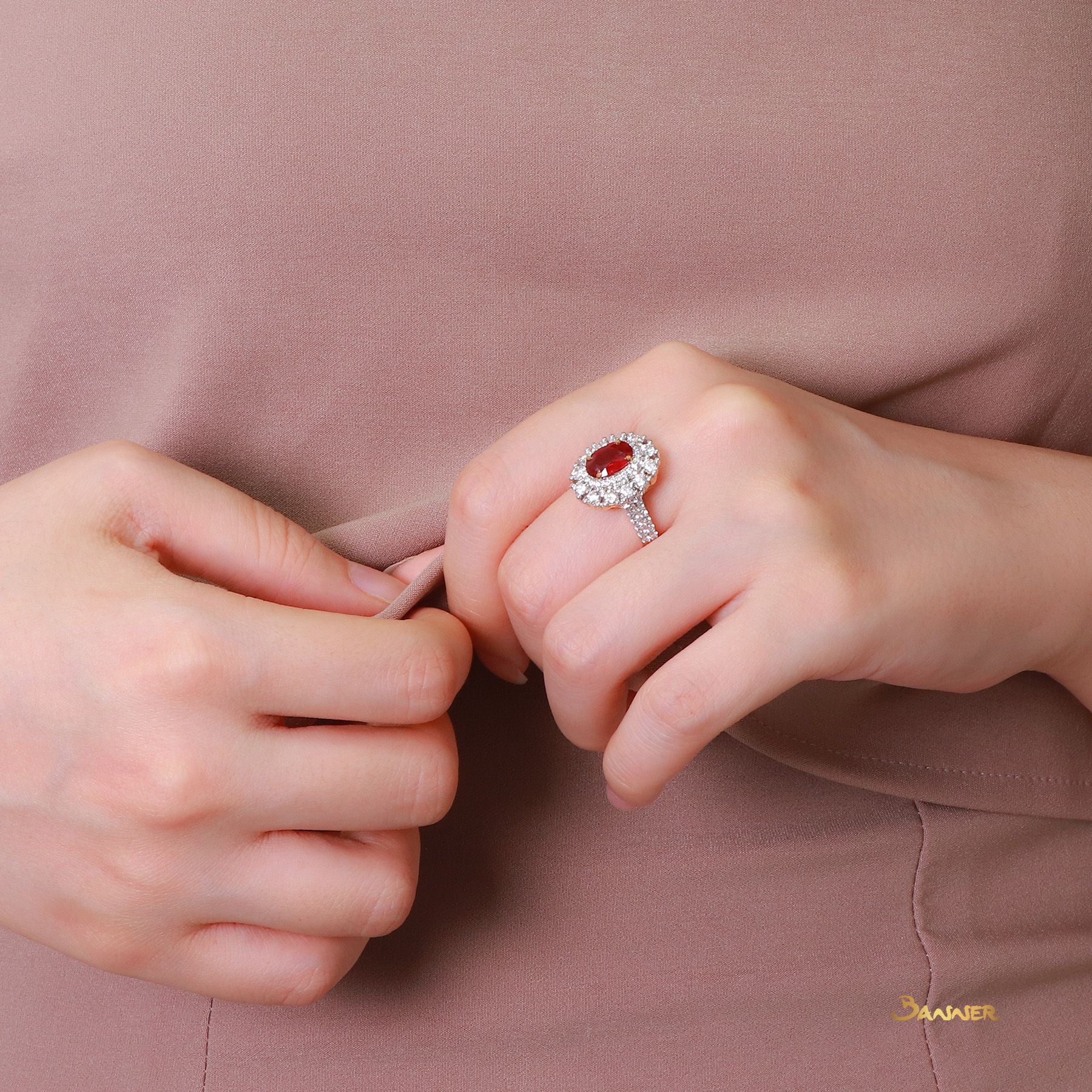 Ruby and Diamond Double Halo Ring