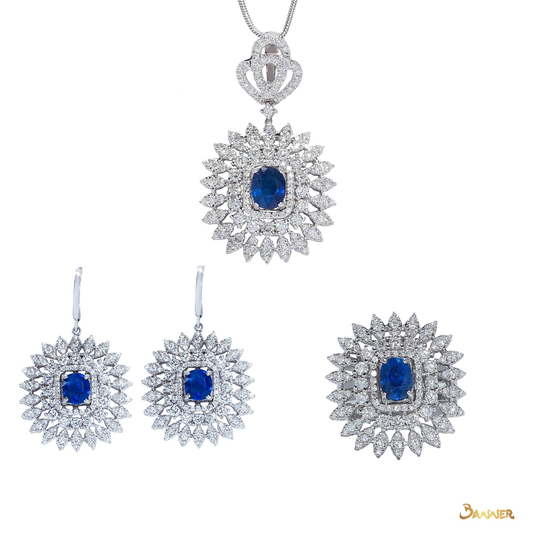 Sapphire and Diamond Double Halo Floral Set