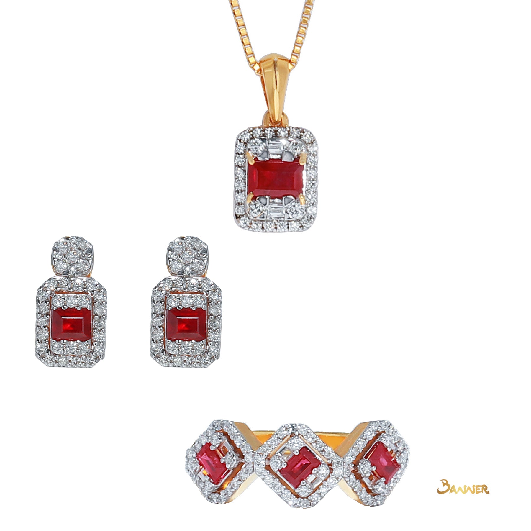 Emerald-cut Ruby and Diamond Halo Set