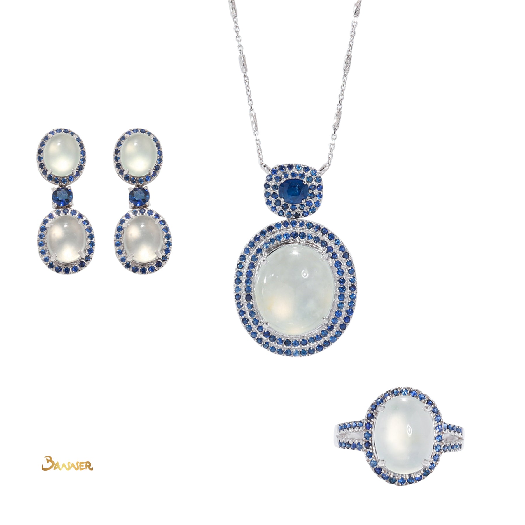 White Jade and Sapphire Halo Set