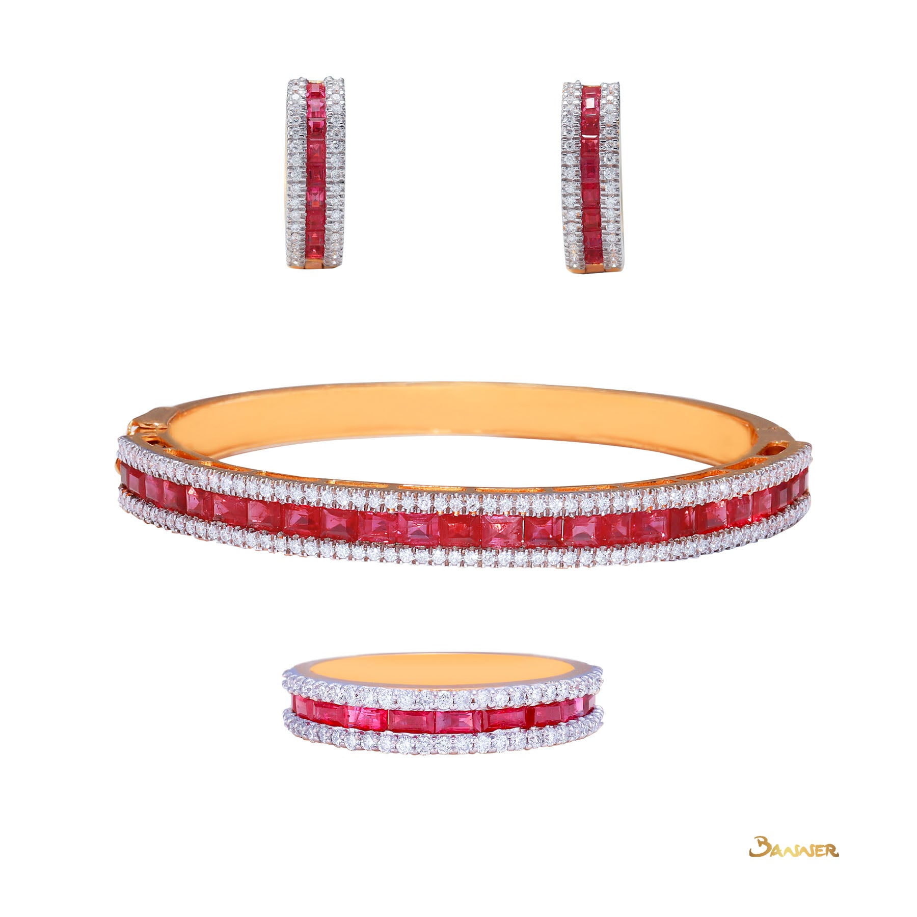 Emerald-cut Ruby and Diamond 2 Rows Set