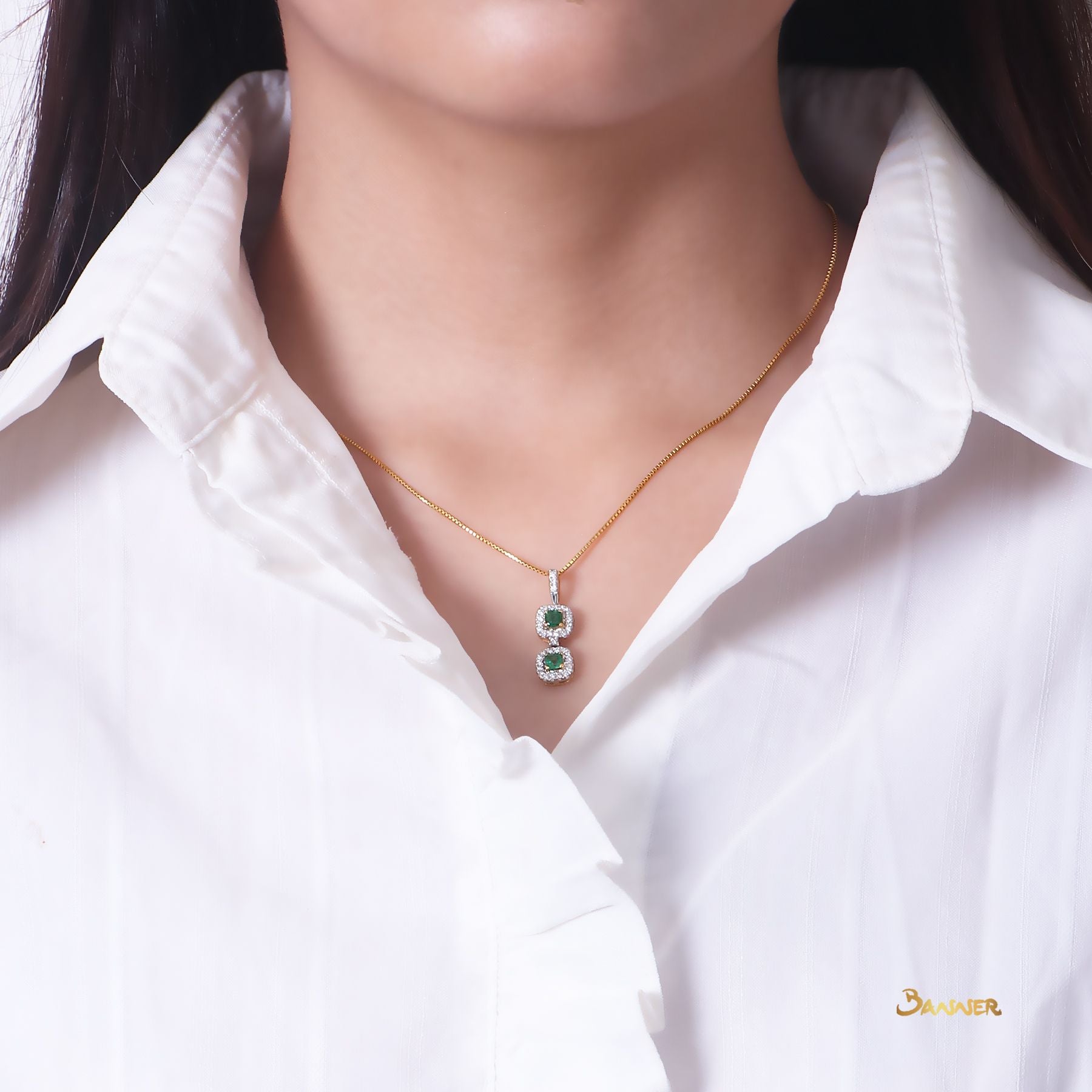 Emerald and Diamond  2-Step Halo Pendant