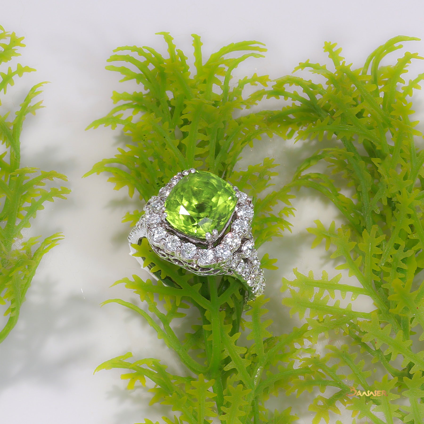 Peridot and Diamond Halo Ring