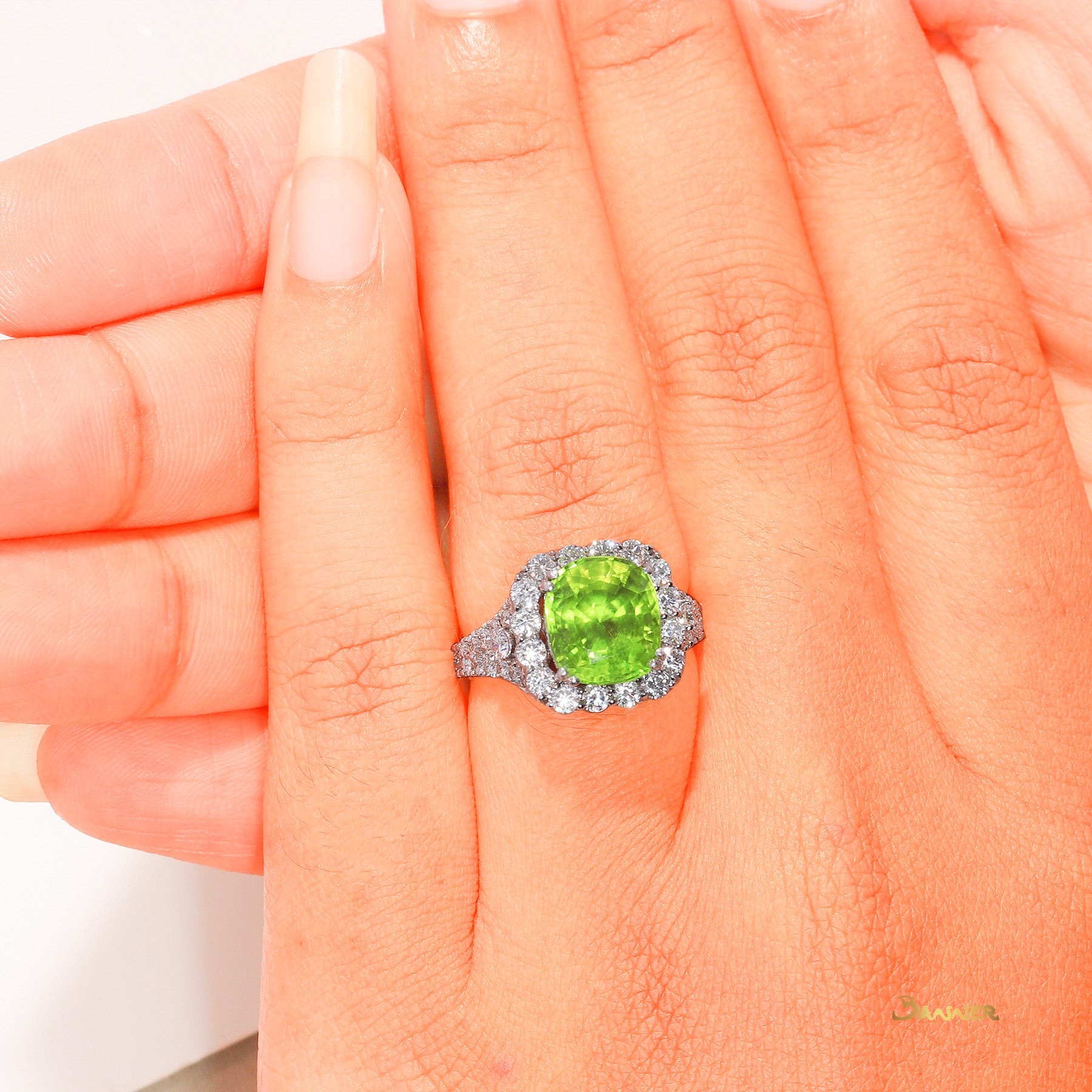 Peridot and Diamond Halo Ring