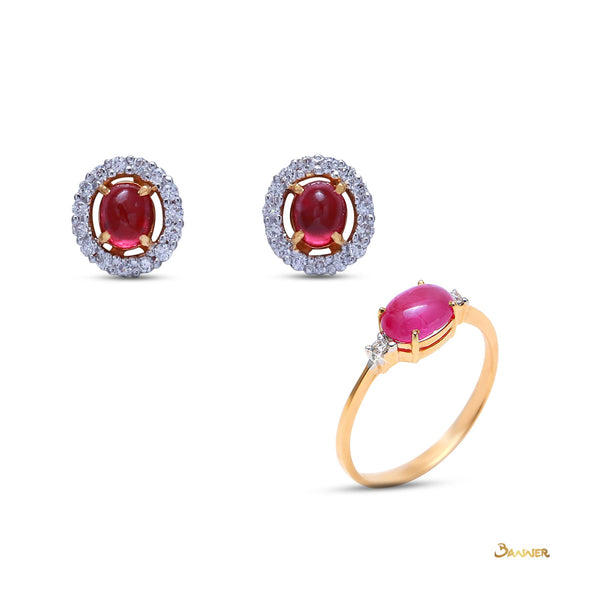 Ruby Cabochon Earrings and Ring Set