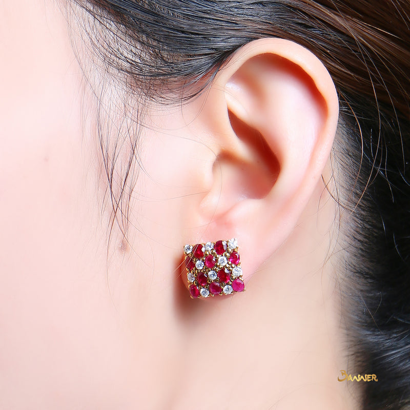 Ruby and Diamond  Checkered Stud Earrings