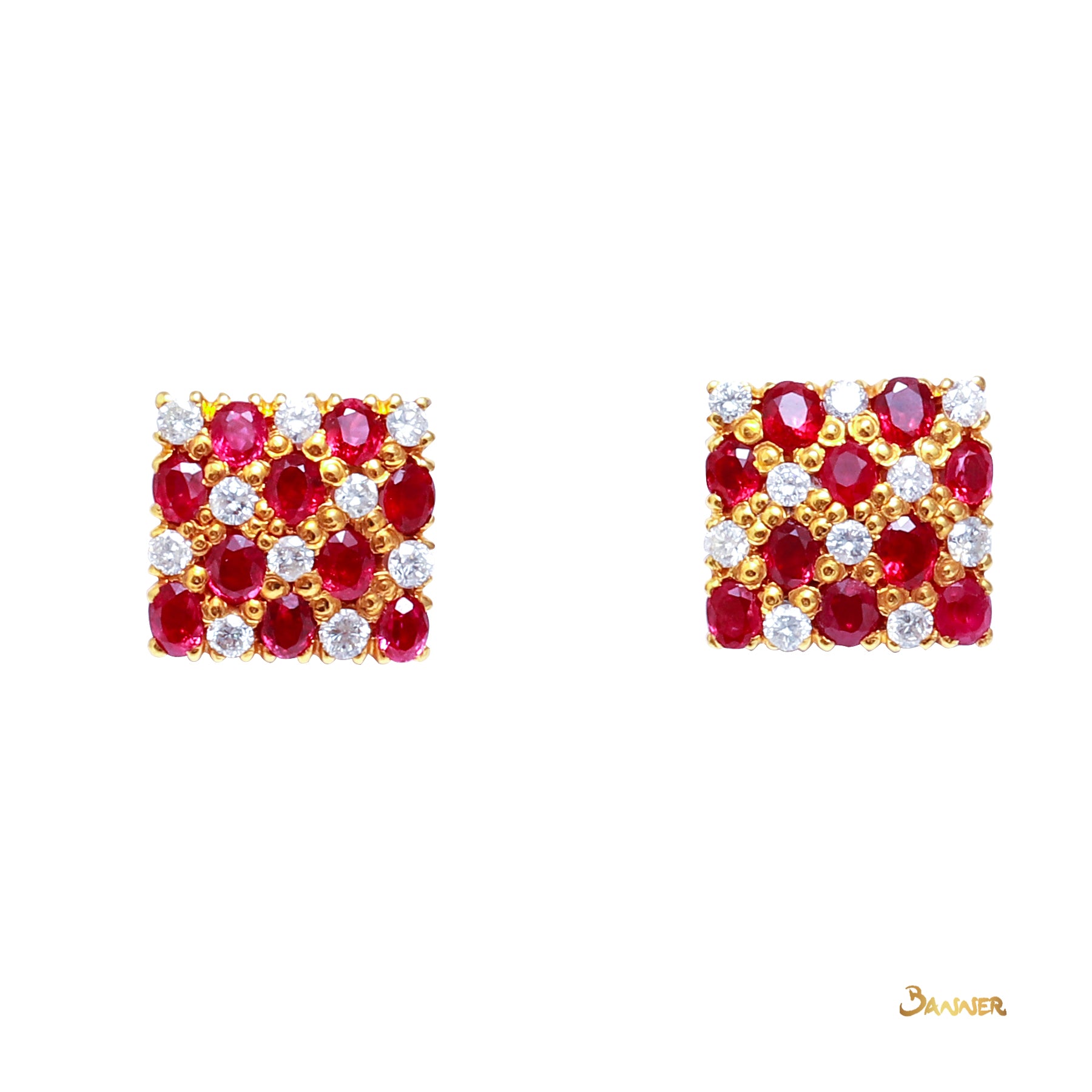 Ruby and Diamond  Checkered Stud Earrings