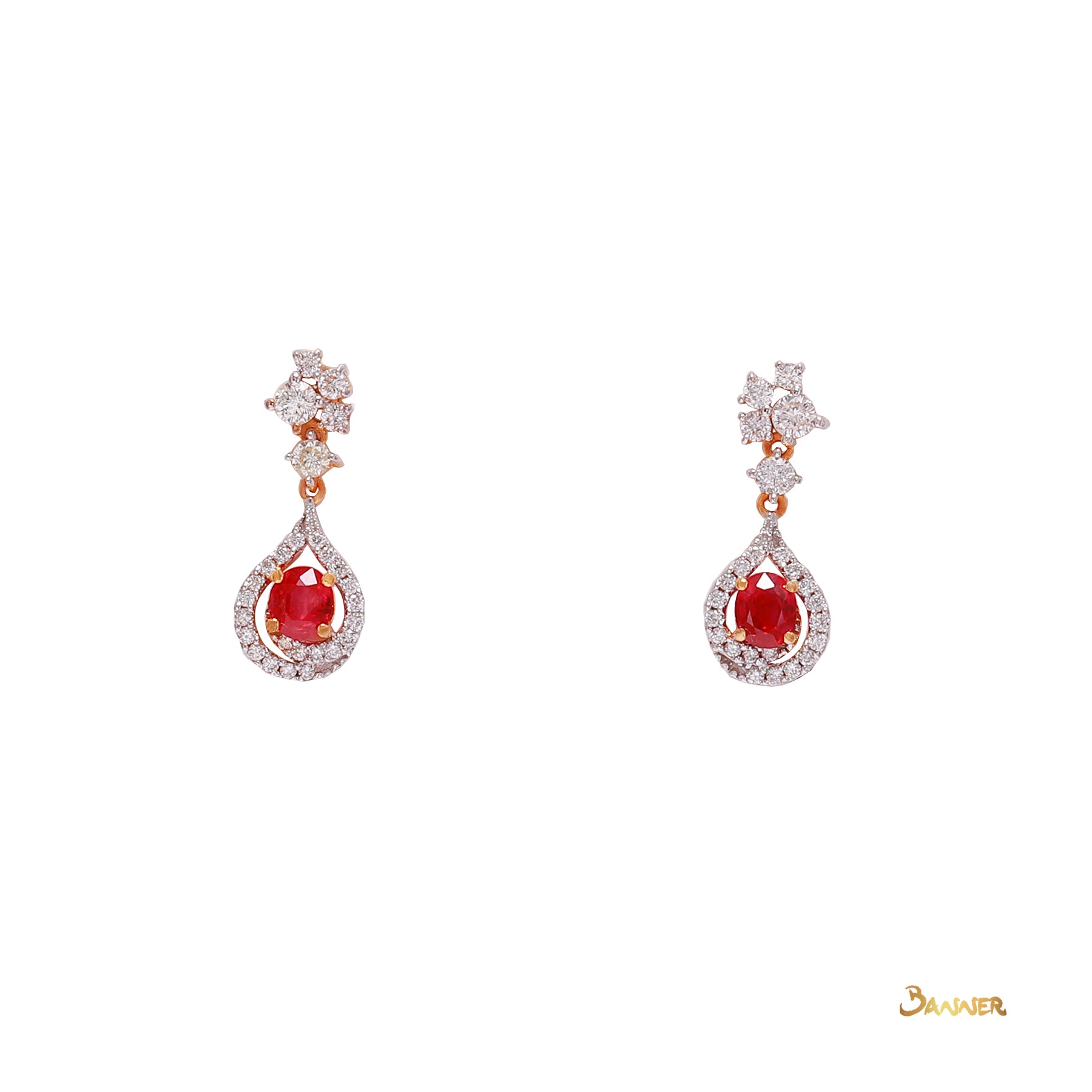 Ruby and Diamond Rain-drop Dangle Earrings