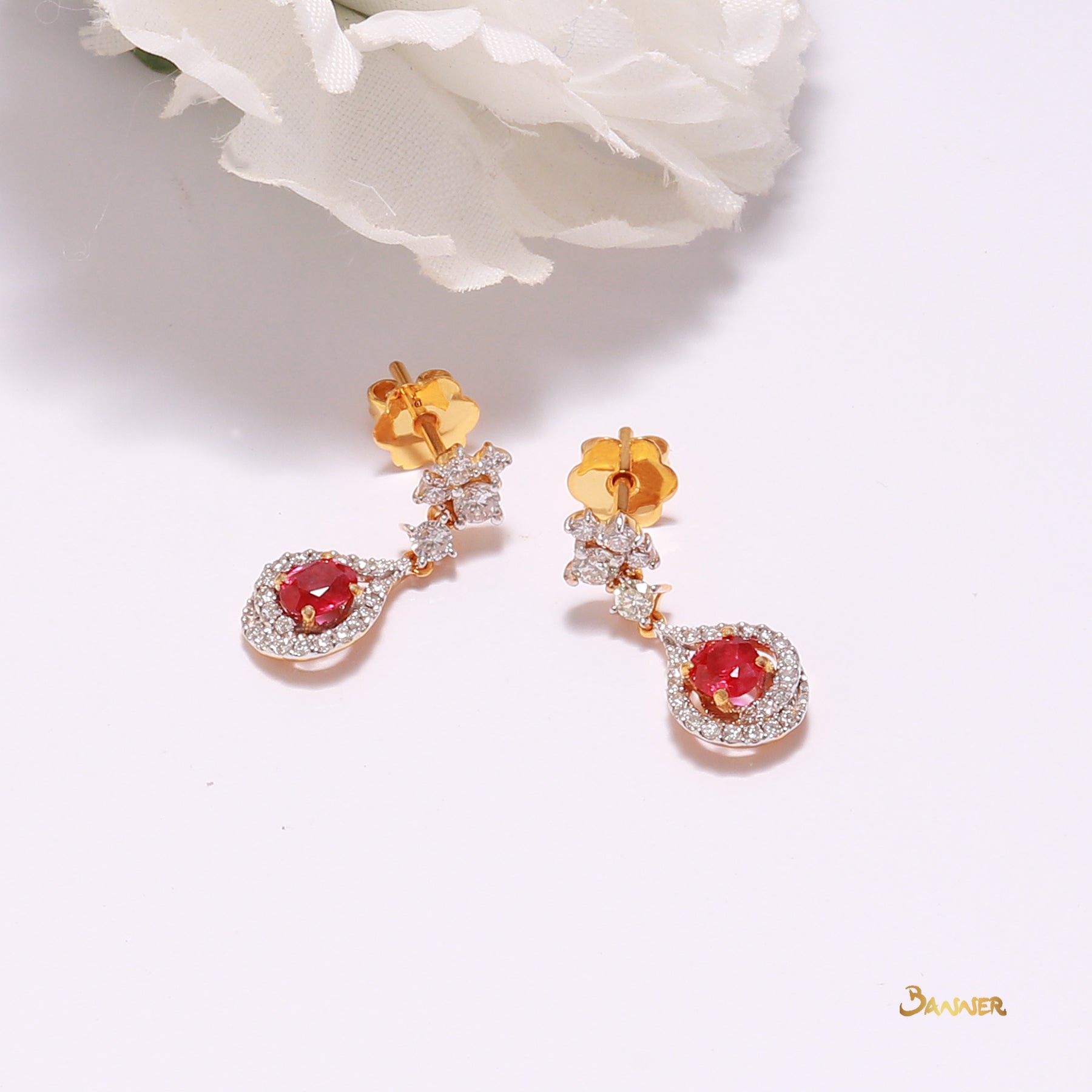 Ruby and Diamond Rain-drop Dangle Earrings