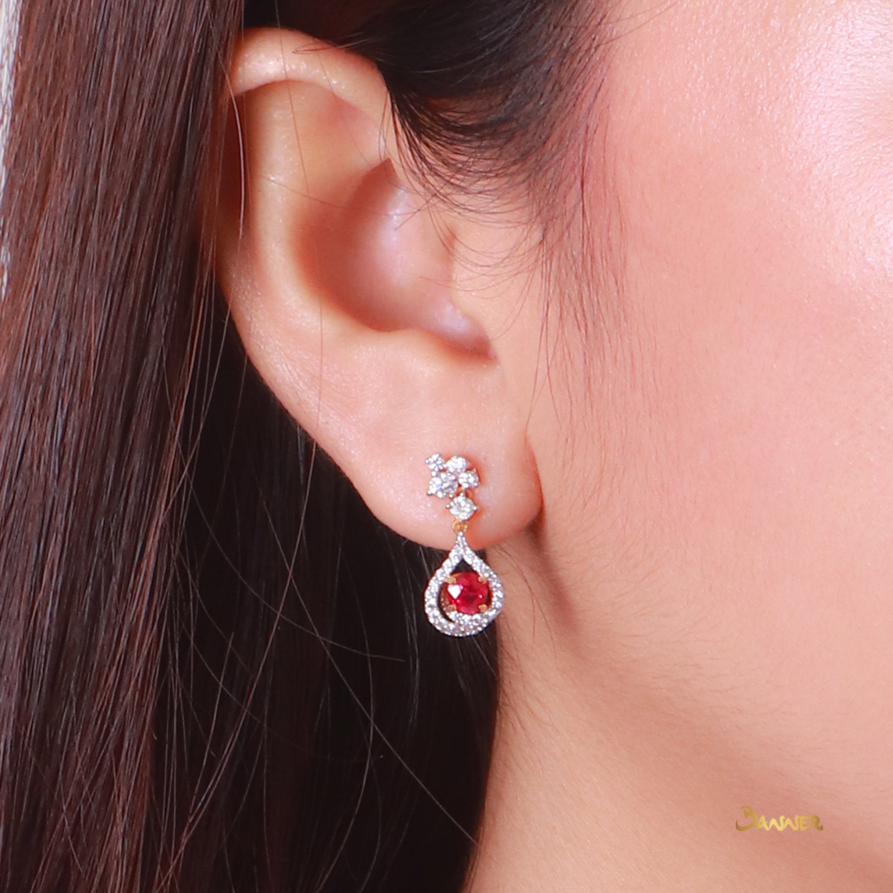 Ruby and Diamond Rain-drop Dangle Earrings